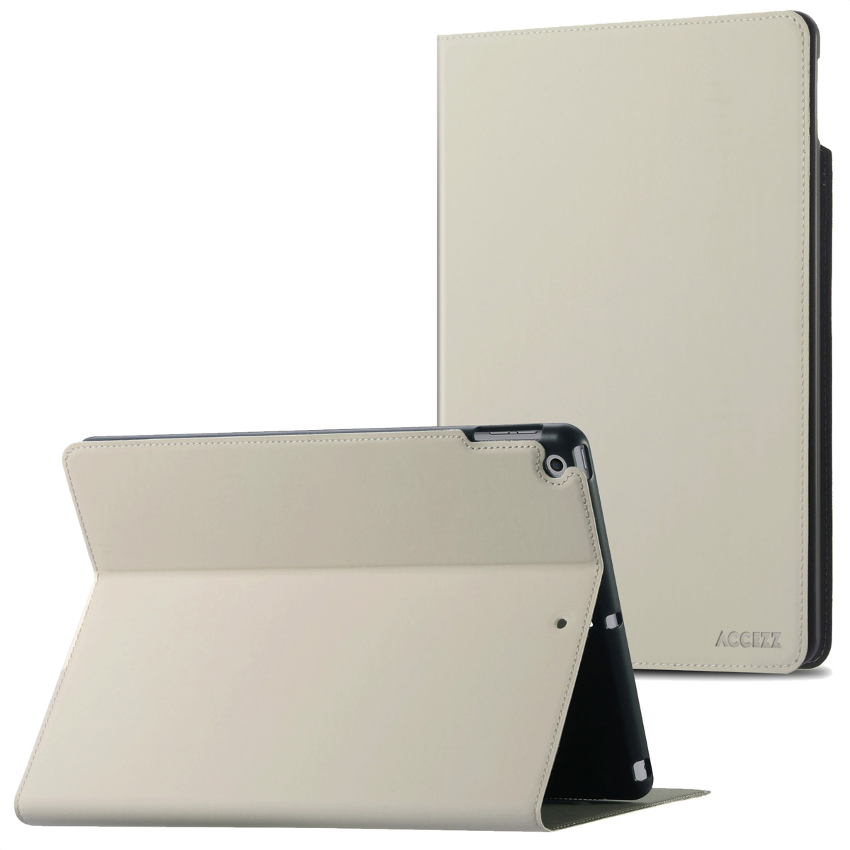 Étui de tablette beige, ouvert et fermé, sur fond blanc. Avec la marque ACCEZZ.