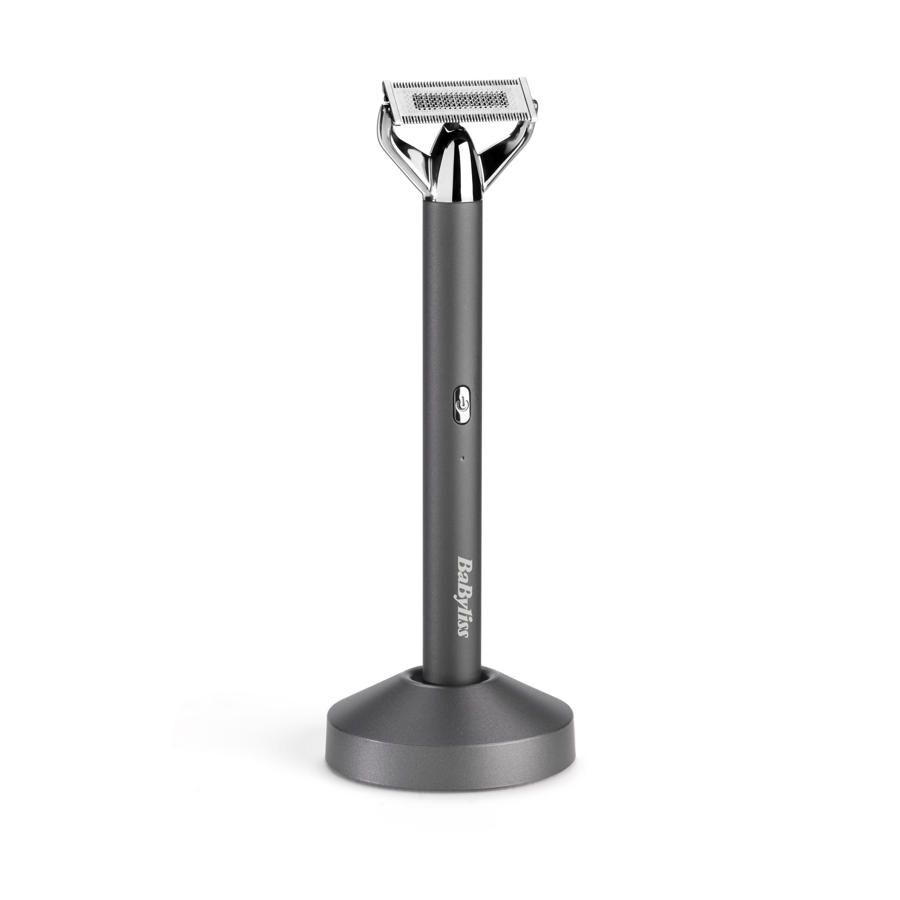 A grey electric shaver in its stand, on a white background. The brand name is BaByliss.