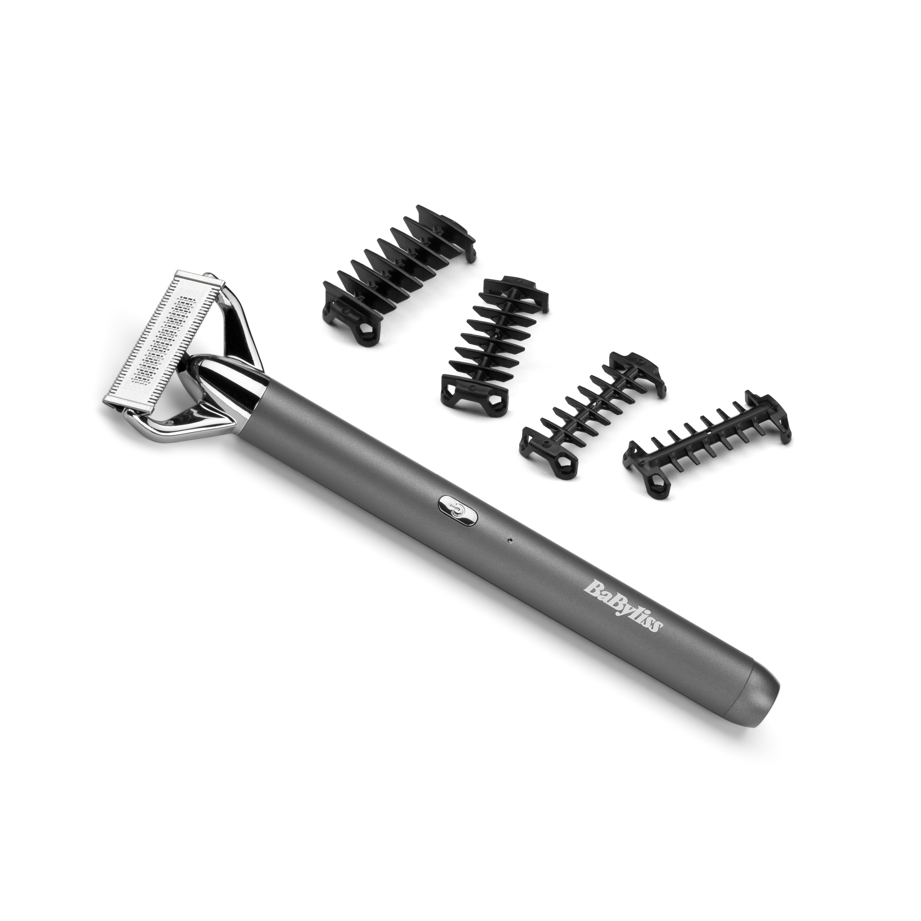 A silver and grey electric razor with multiple trimming attachments on a white background.
