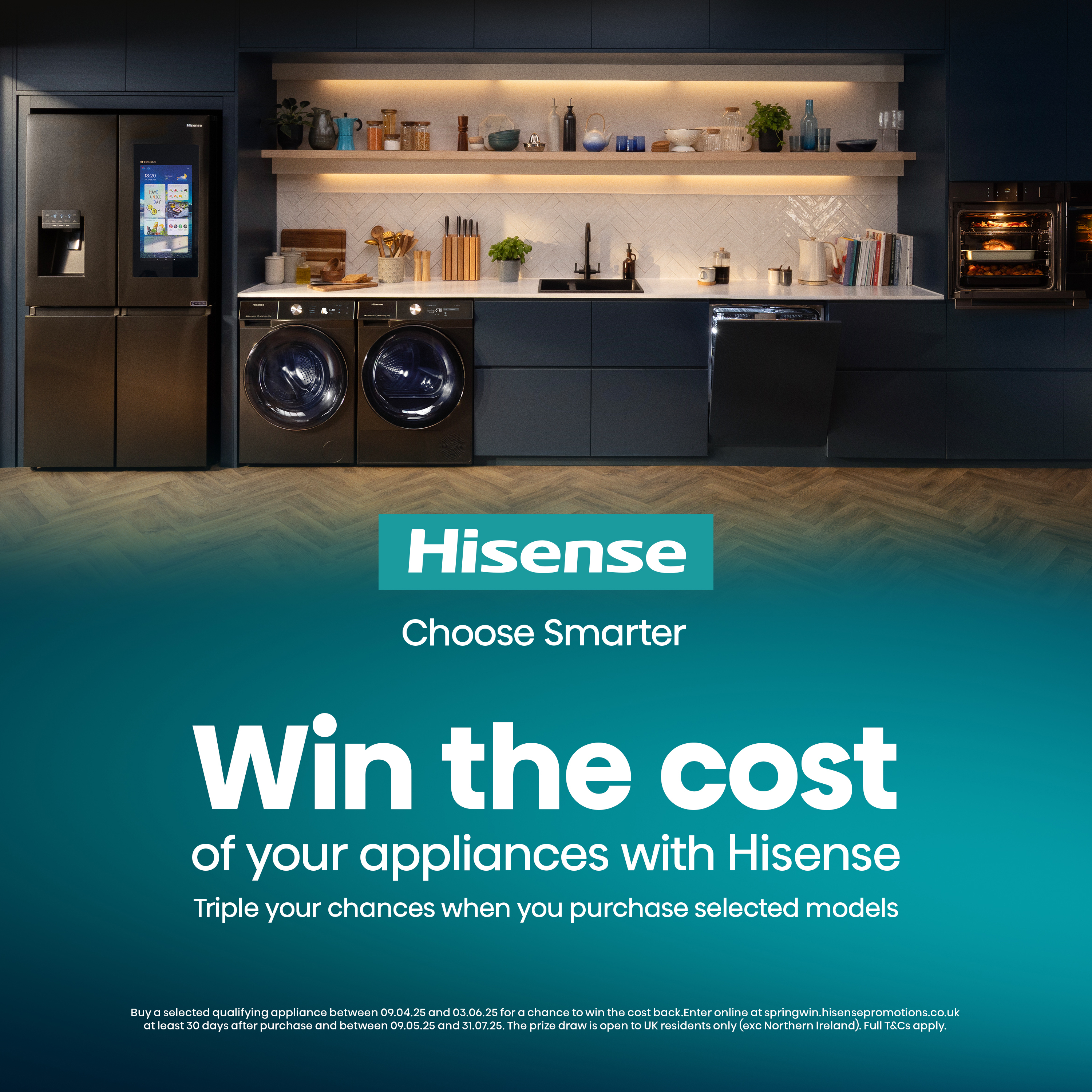 Pubblicità Hisense con elettrodomestici, testo su come vincere il costo degli elettrodomestici.