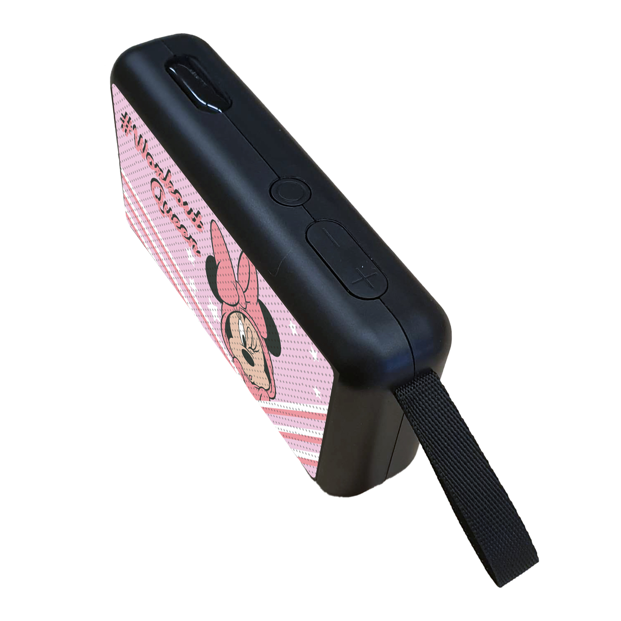 Power bank nera con design Minnie Mouse. Sfondo rosa.