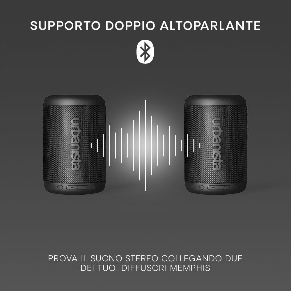 Dwa czarne głośniki na białym tle, z grafiką fali dźwiękowej pomiędzy nimi i tekstem powyżej.