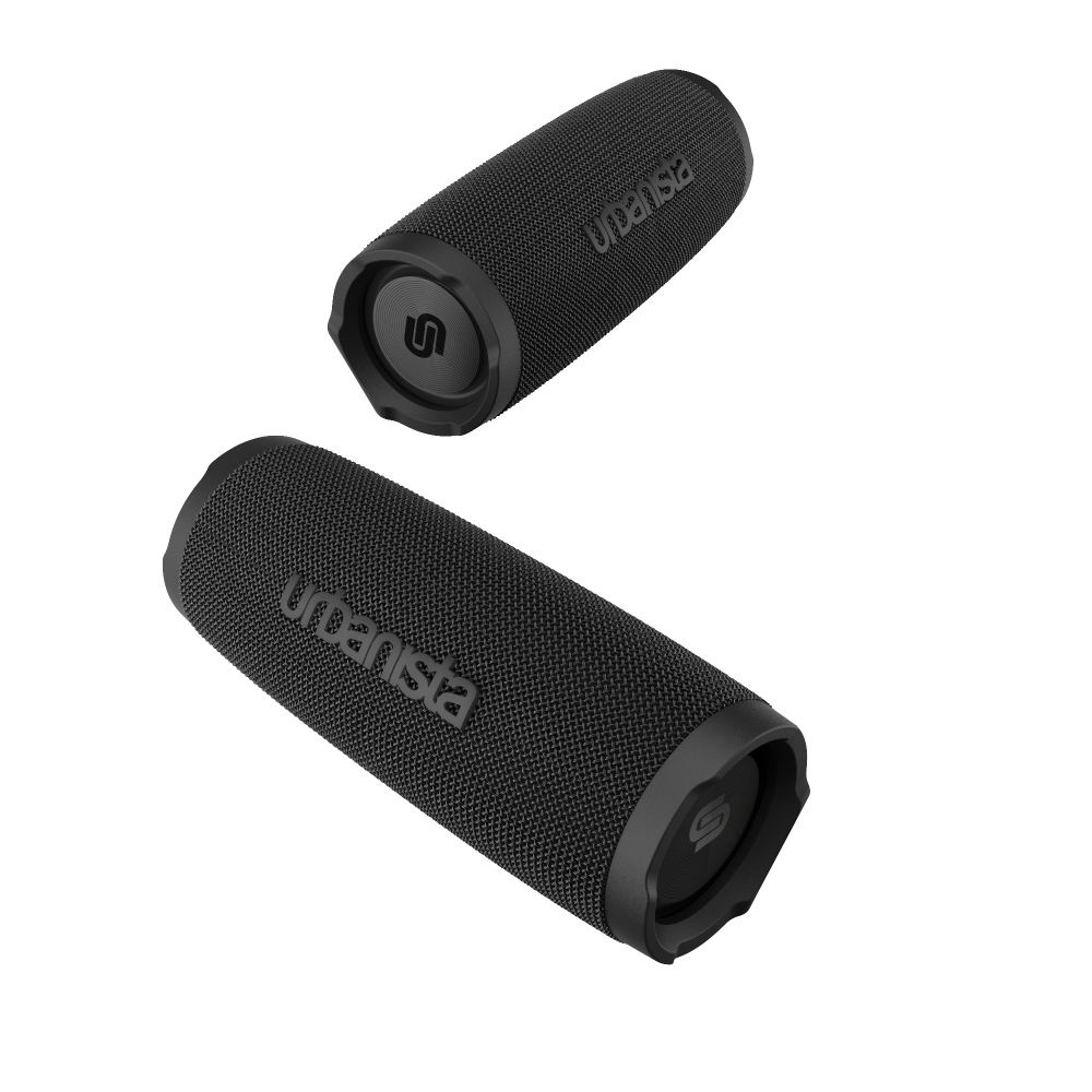 Dwa czarne głośniki cylindryczne, widoczne logo 'urbansia'. Jeden w górę, jeden w dół.