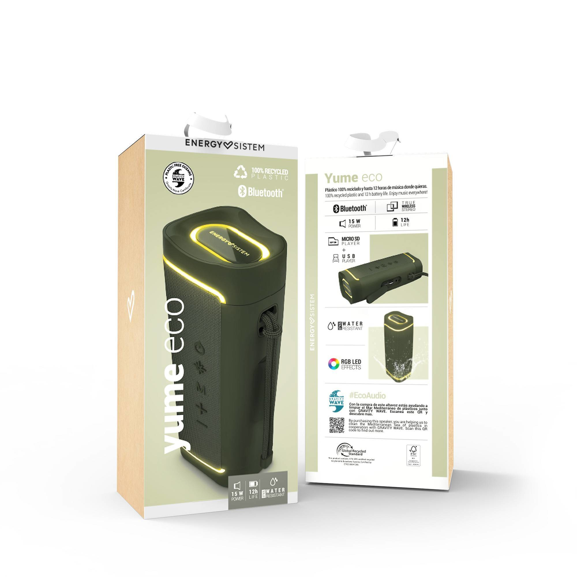 Głośnik Bluetooth Yume eco z zielono-beżową kolorystyką.