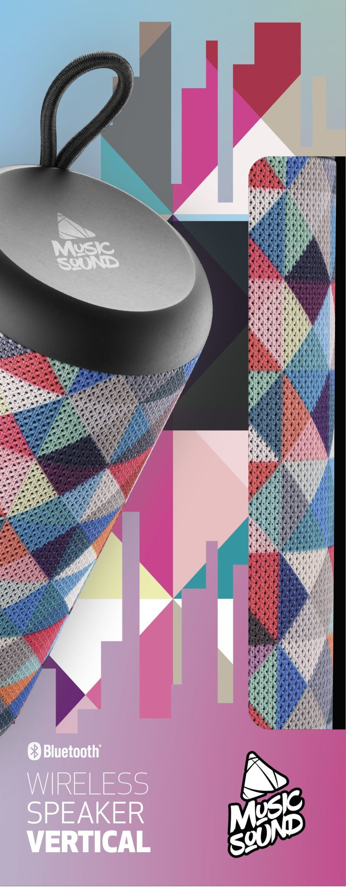 Un altavoz inalámbrico con patrones geométricos coloridos y el logotipo de Music Sound.