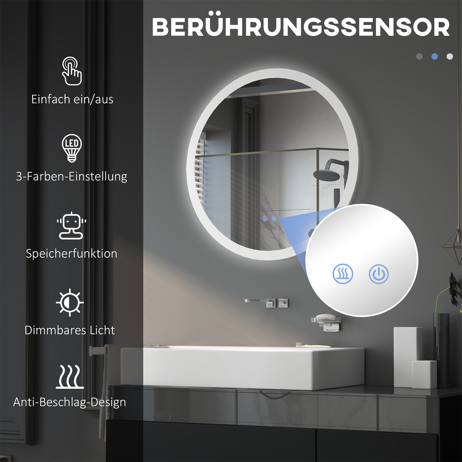 Badspiegel mit Touch-Sensor-Steuerung, mit Symbolen für Licht und Wärme.
