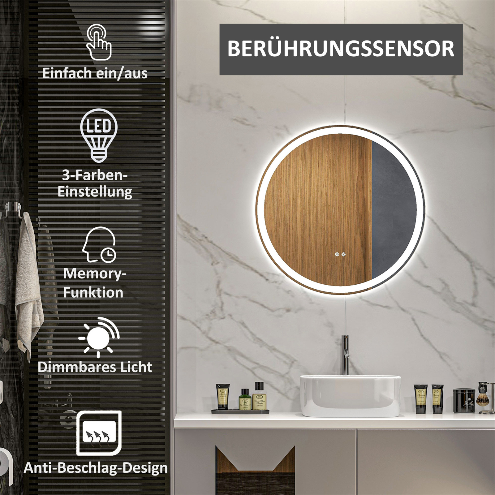 Badspiegel mit Berührungssensor, runde Form und weißen LED-Leuchten. Enthält deutsche Textbeschriftungen.