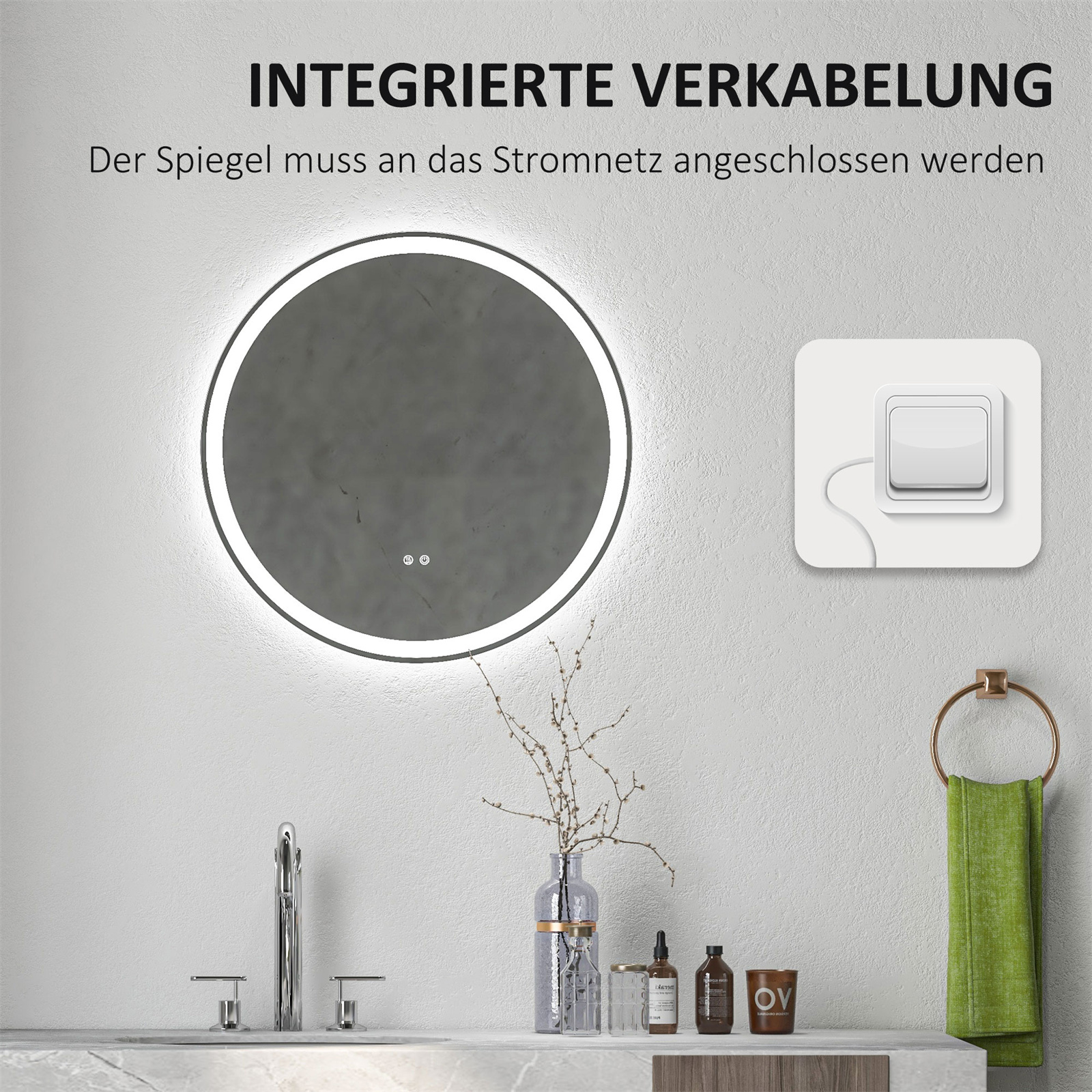 Runder beleuchteter Spiegel mit Lichtschalter und Handtuch. Dekorative Gegenstände auf einem Regal.