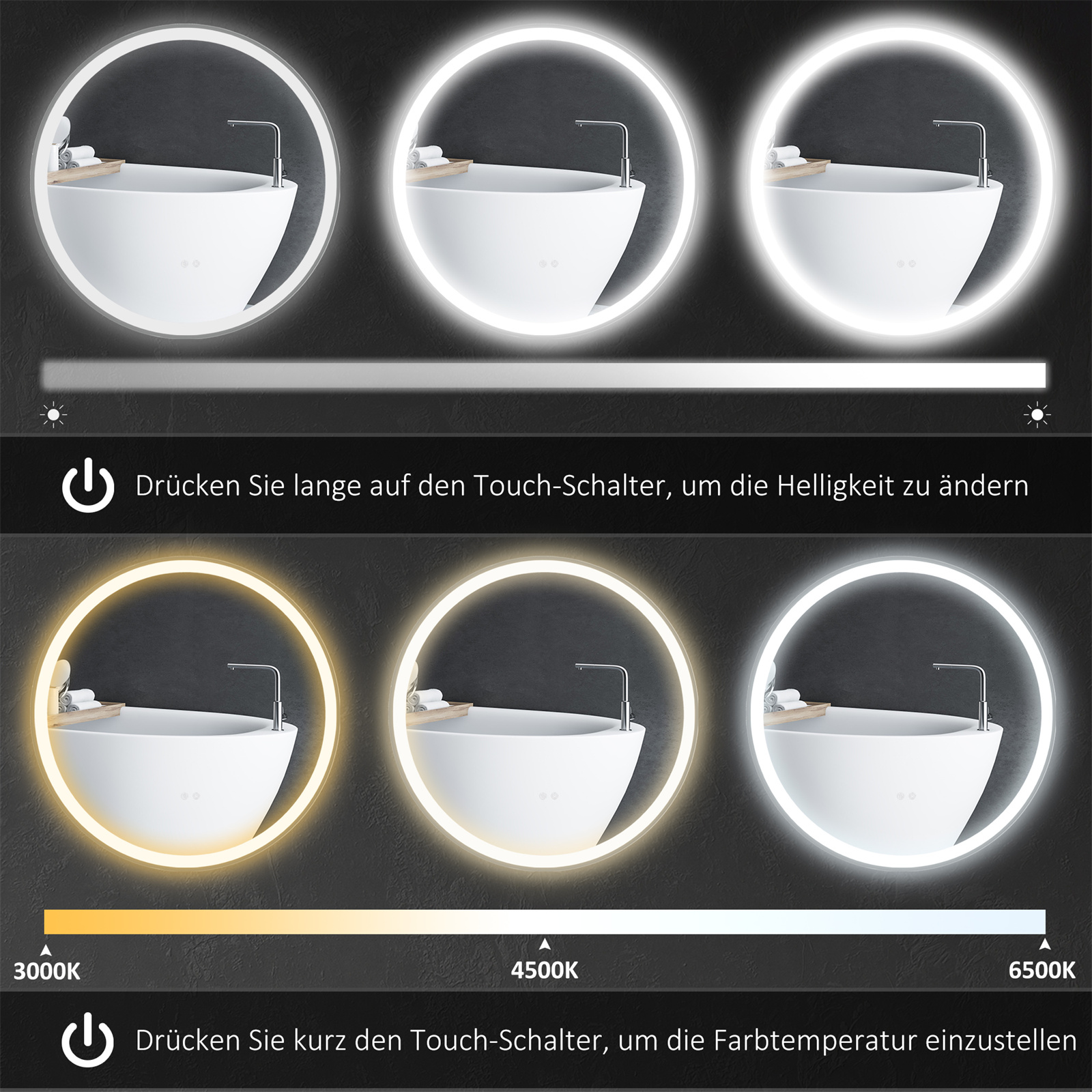 Drei beleuchtete kreisförmige Spiegel über einer weißen Badewanne, mit Helligkeits- und Farbanpassungsoptionen.