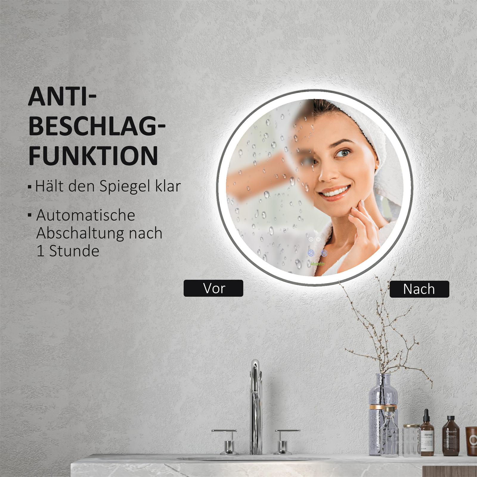 Eine Frau im Badezimmerspiegel, die die Vorher-Nachher-Anti-Beschlag-Funktion zeigt.