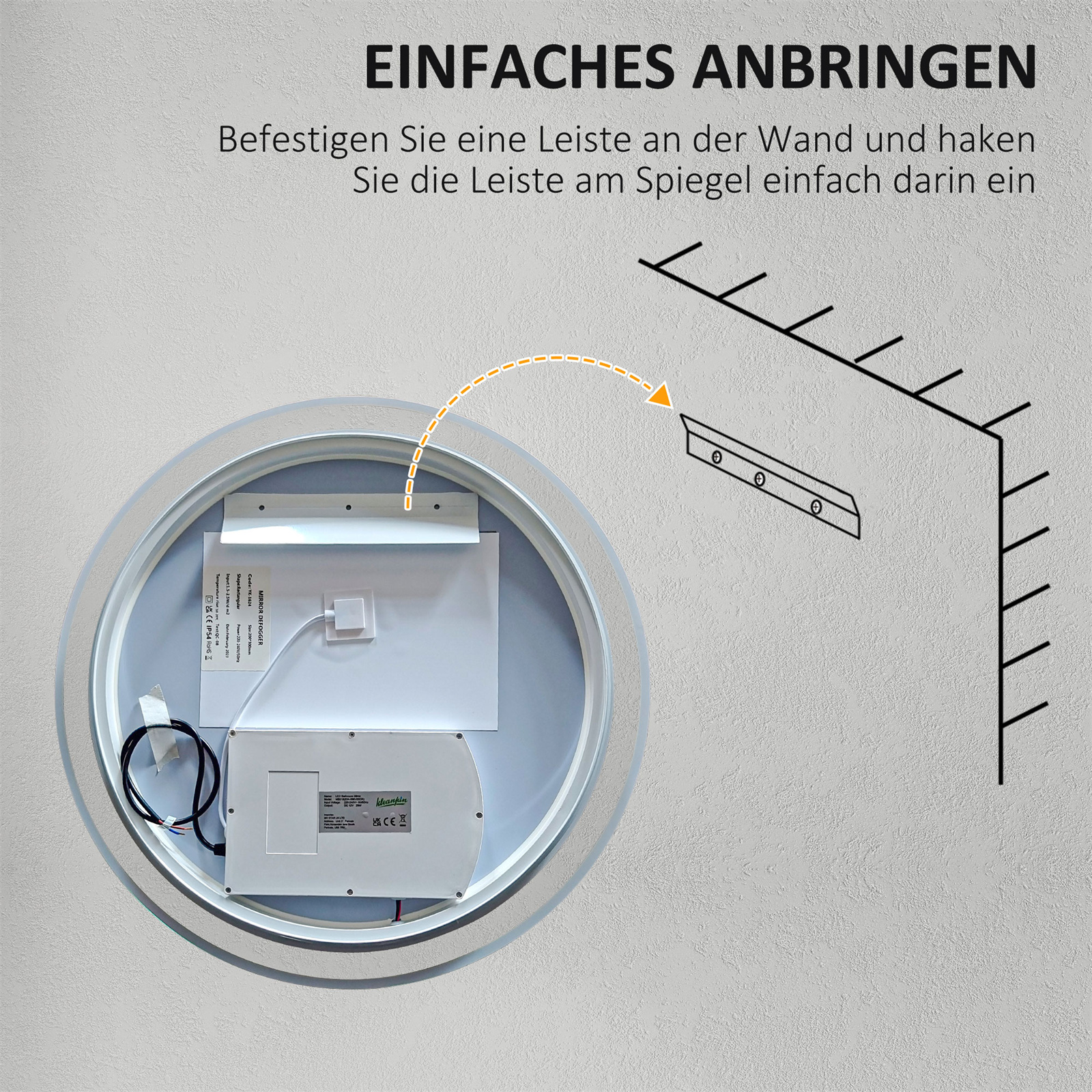 Diagramm zeigt, wie man einen Spiegel an einer Wand befestigt. Enthält eine Halterung und Pfeile.