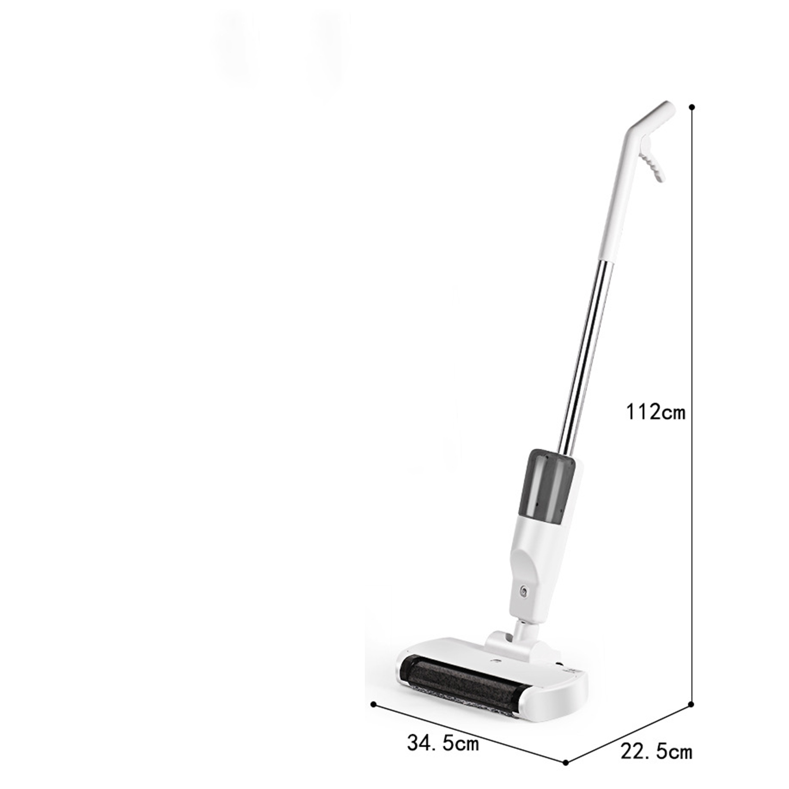 Weißer und grauer Sprühmopp. Er steht aufrecht. Abmessungen sind beschriftet: 112 cm, 34,5 cm und 22,5 cm.