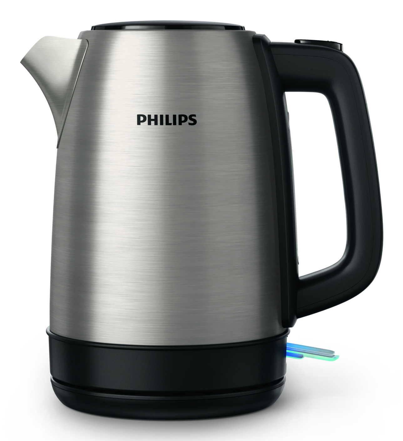 Siyah saplı ve tabanlı gümüş Philips su ısıtıcısı. Bir ışık göstergesi var.