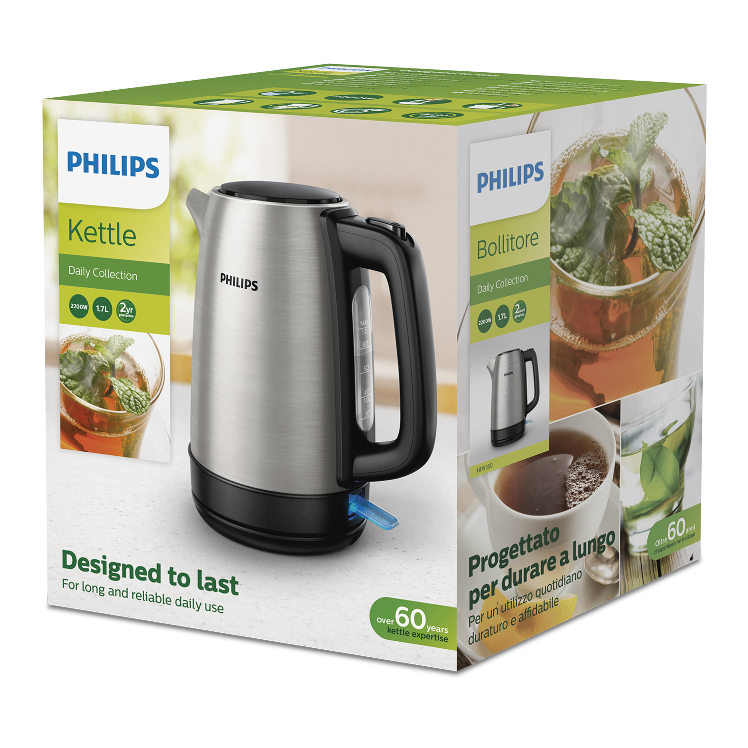 Siyah kulplu ve tabanlı bir Philips su ısıtıcısı, bir kutuda. Birden fazla dilde metin.