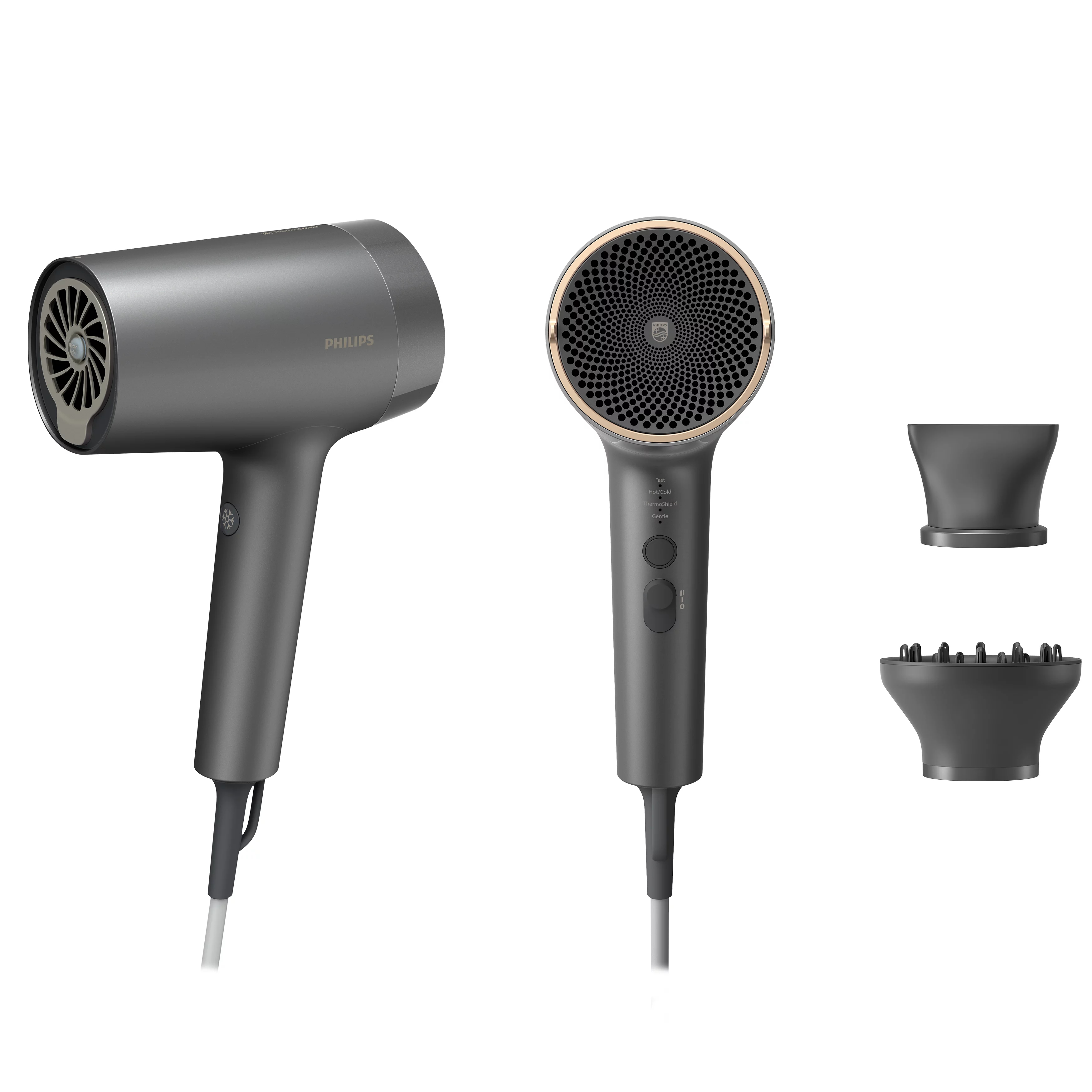 Zwei Ansichten eines grauen Philips Haartrockners mit Aufsätzen auf weißem Hintergrund.