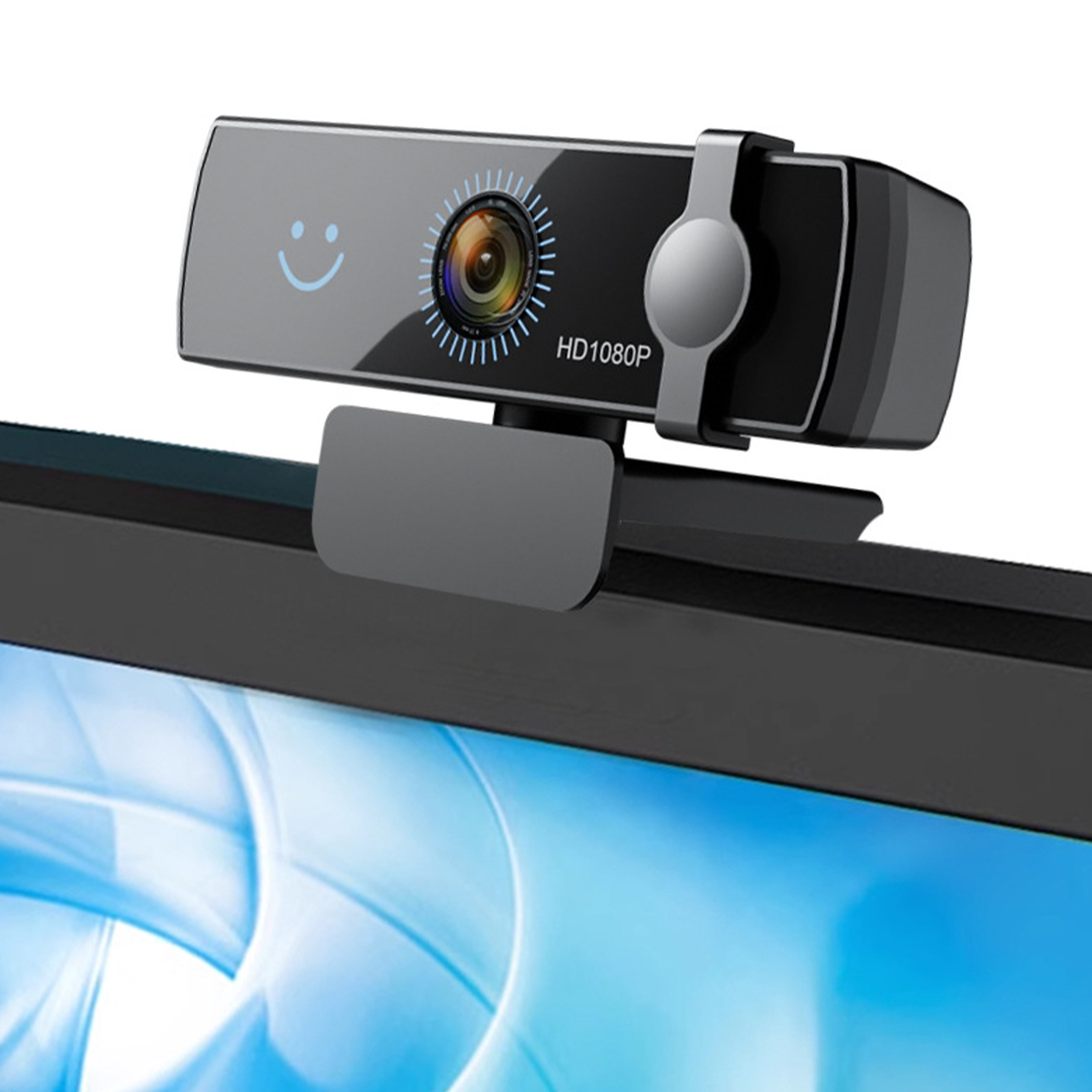 Schwarze Webcam mit Smiley-Gesicht. Sie ist an einem Monitor befestigt.