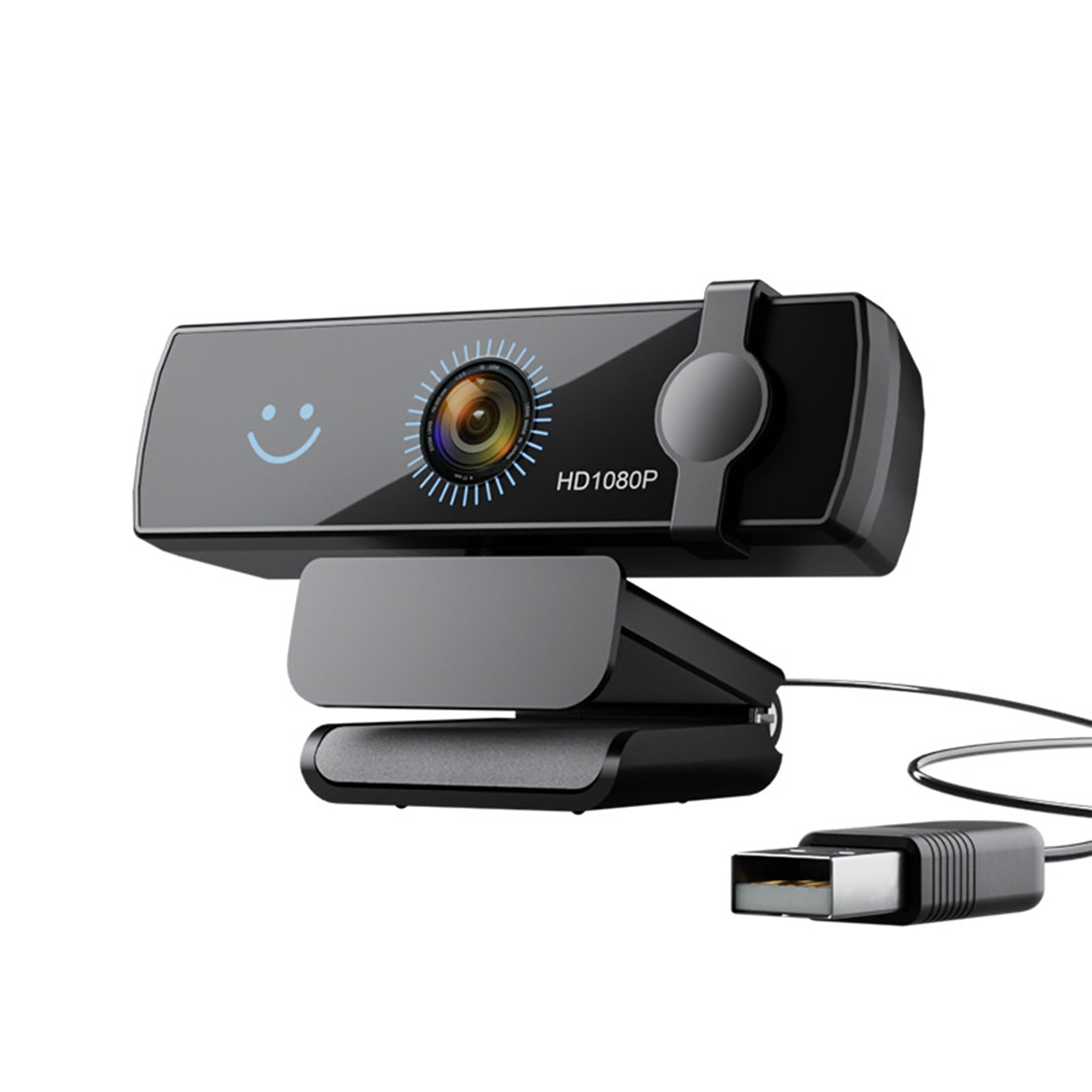 Eine schwarze Webcam mit USB-Kabel. Sie hat ein lächelndes Gesicht und ein blaues Licht.
