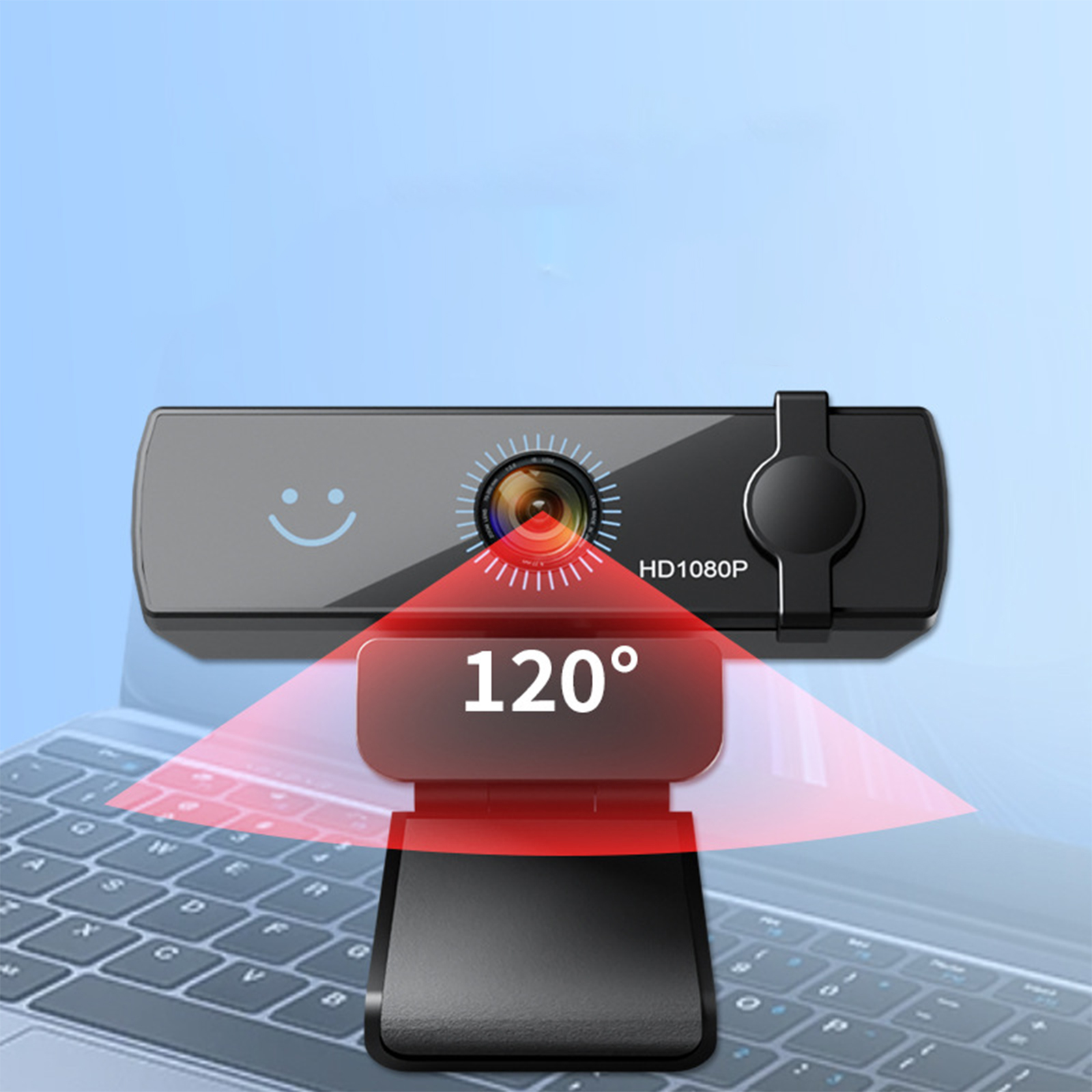 Webcam mit 120-Grad-Blickwinkel, HD 1080p, auf einer Laptop-Tastatur positioniert.
