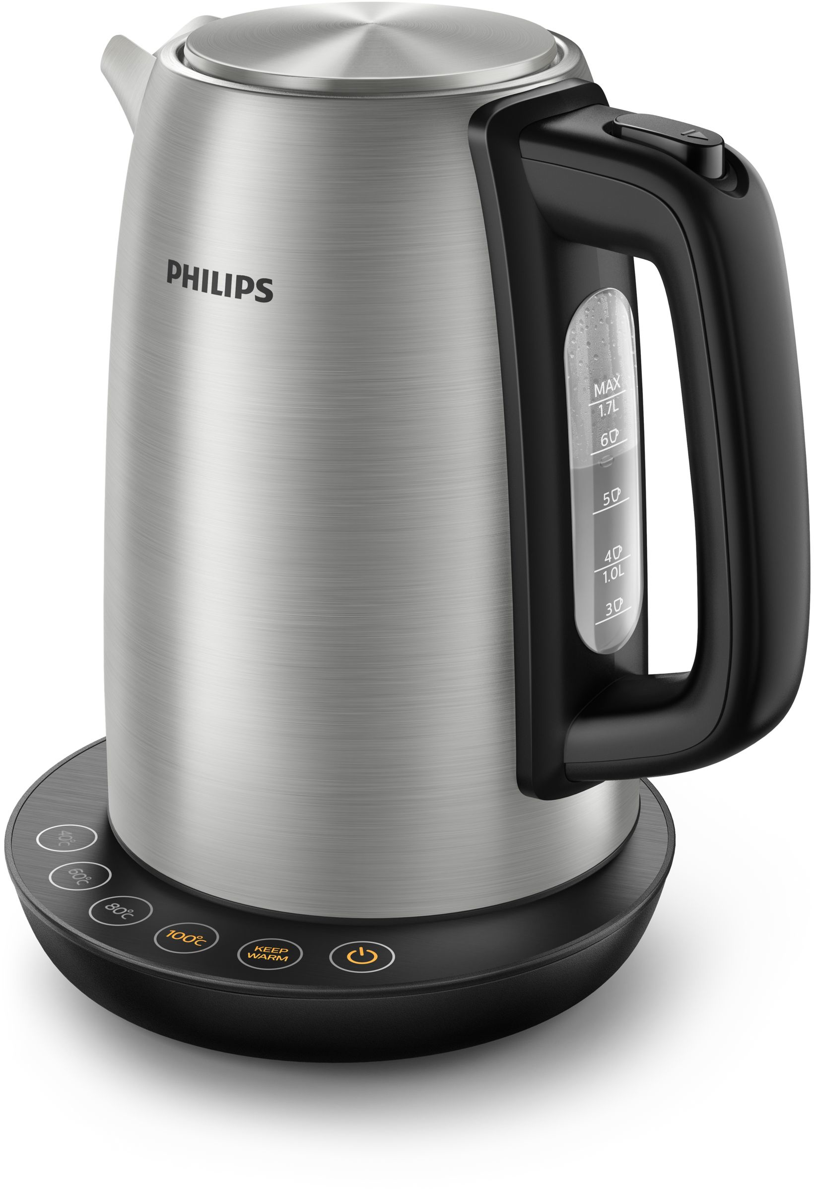Philips roestvrijstalen waterkoker met zwarte voet en handvat.