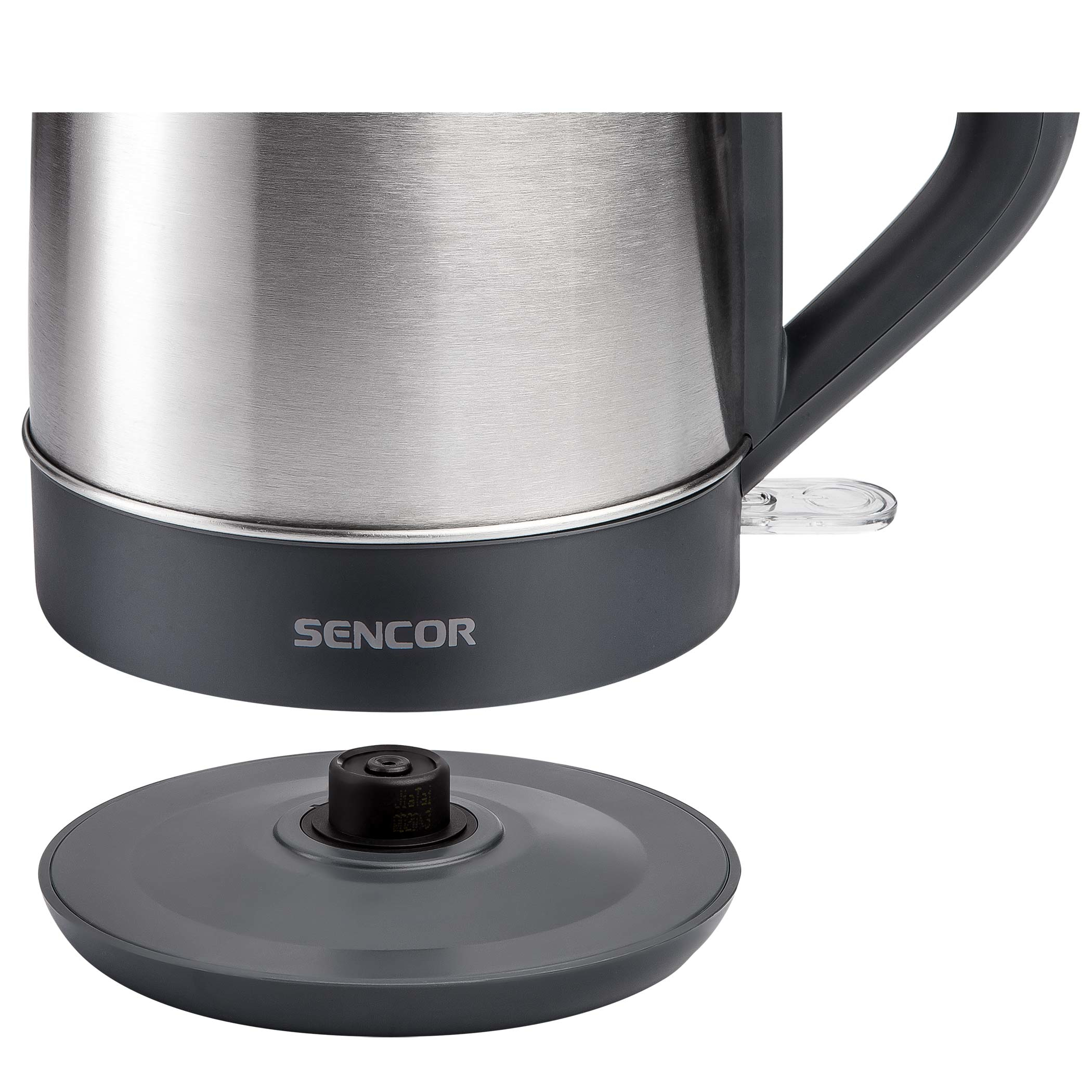 Rvs Sencor waterkoker, voet en verwarmingselement. Grijze voet met Sencor logo op witte achtergrond.
