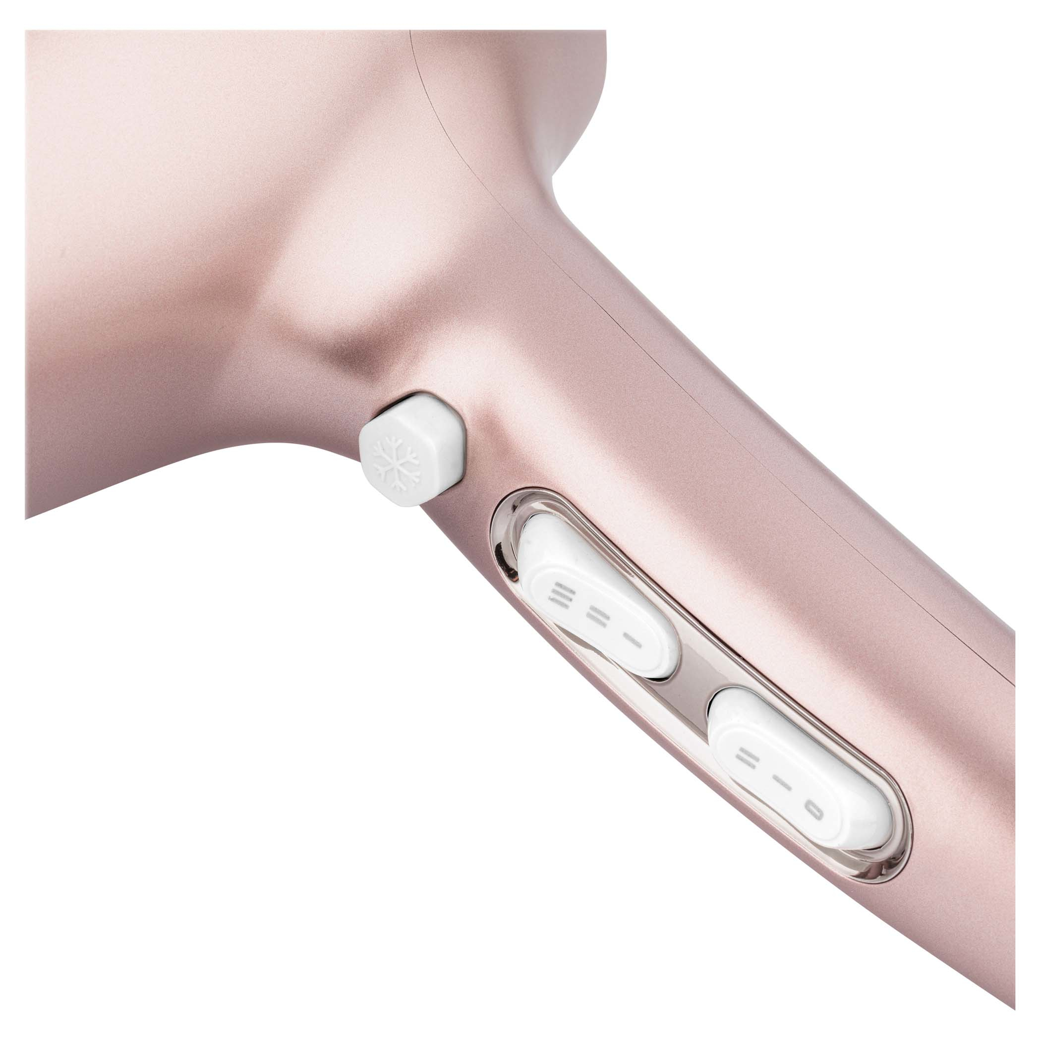 Zbliżenie różowego złota suszarki do włosów z przyciskami i symbolem płatka śniegu.