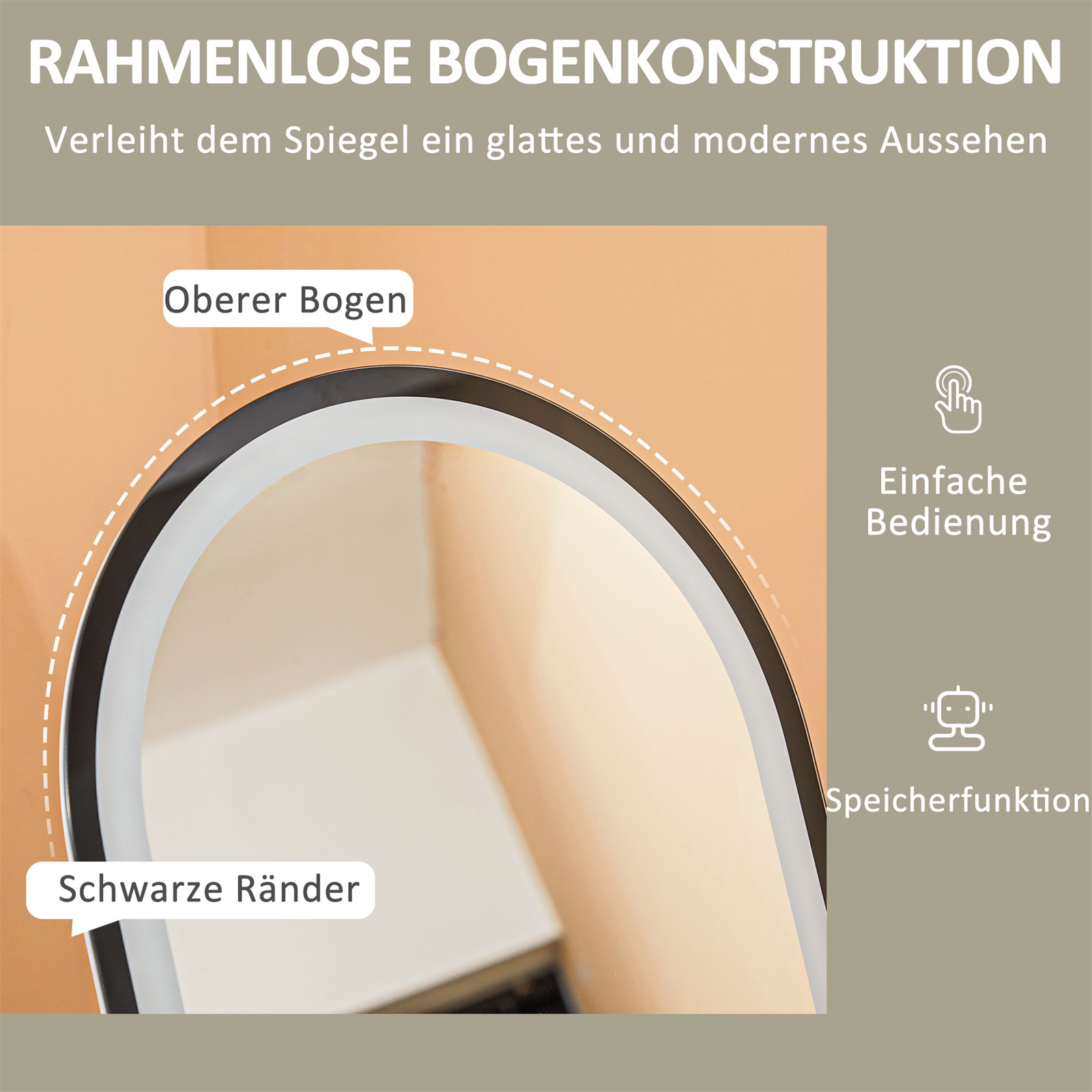 Spiegel mit geschwungenem Oberteil und schwarzen Kanten. Text hebt hervor
