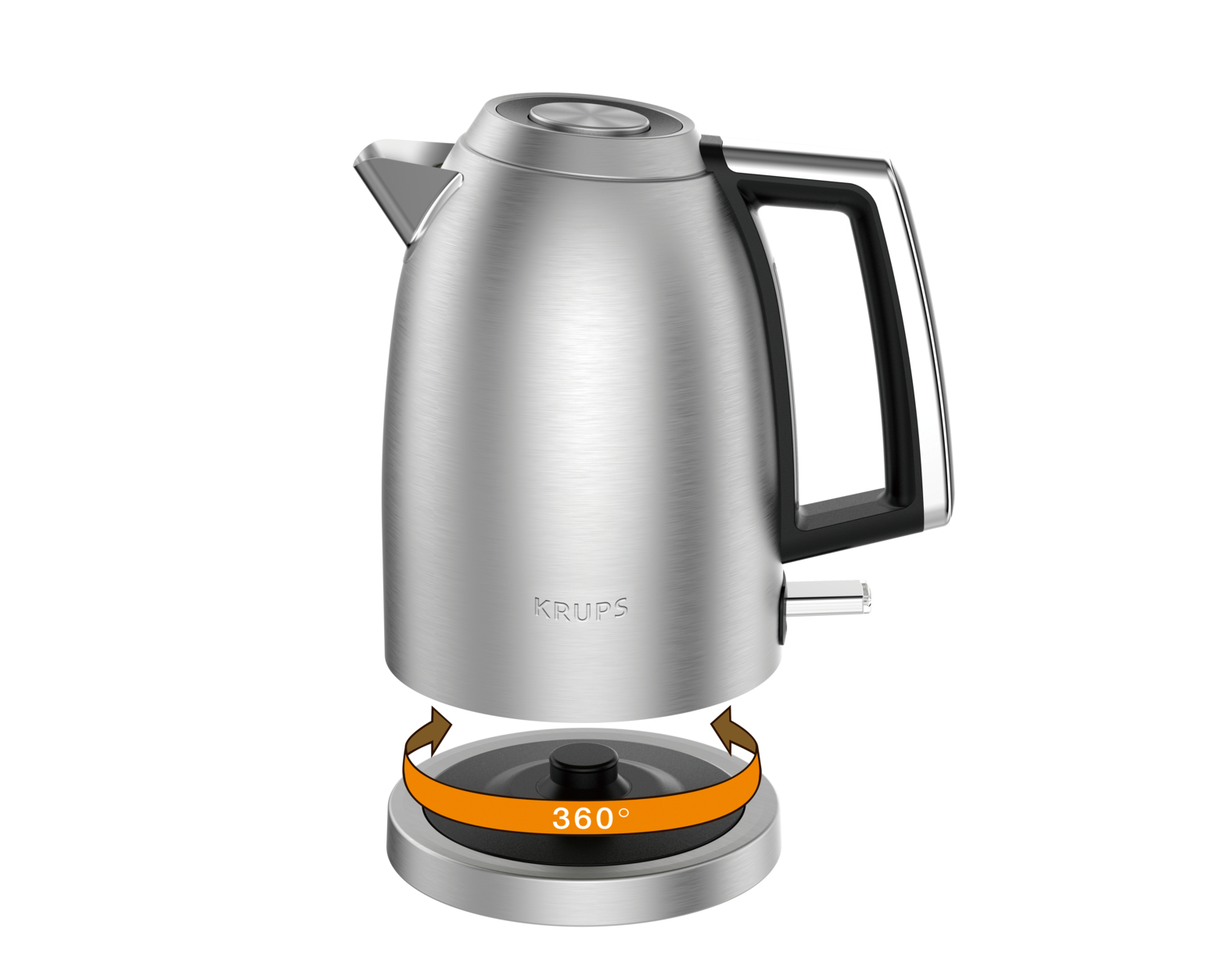 Srebrny czajnik elektryczny na podstawie. Podstawa pokazuje obrót o 360 stopni.