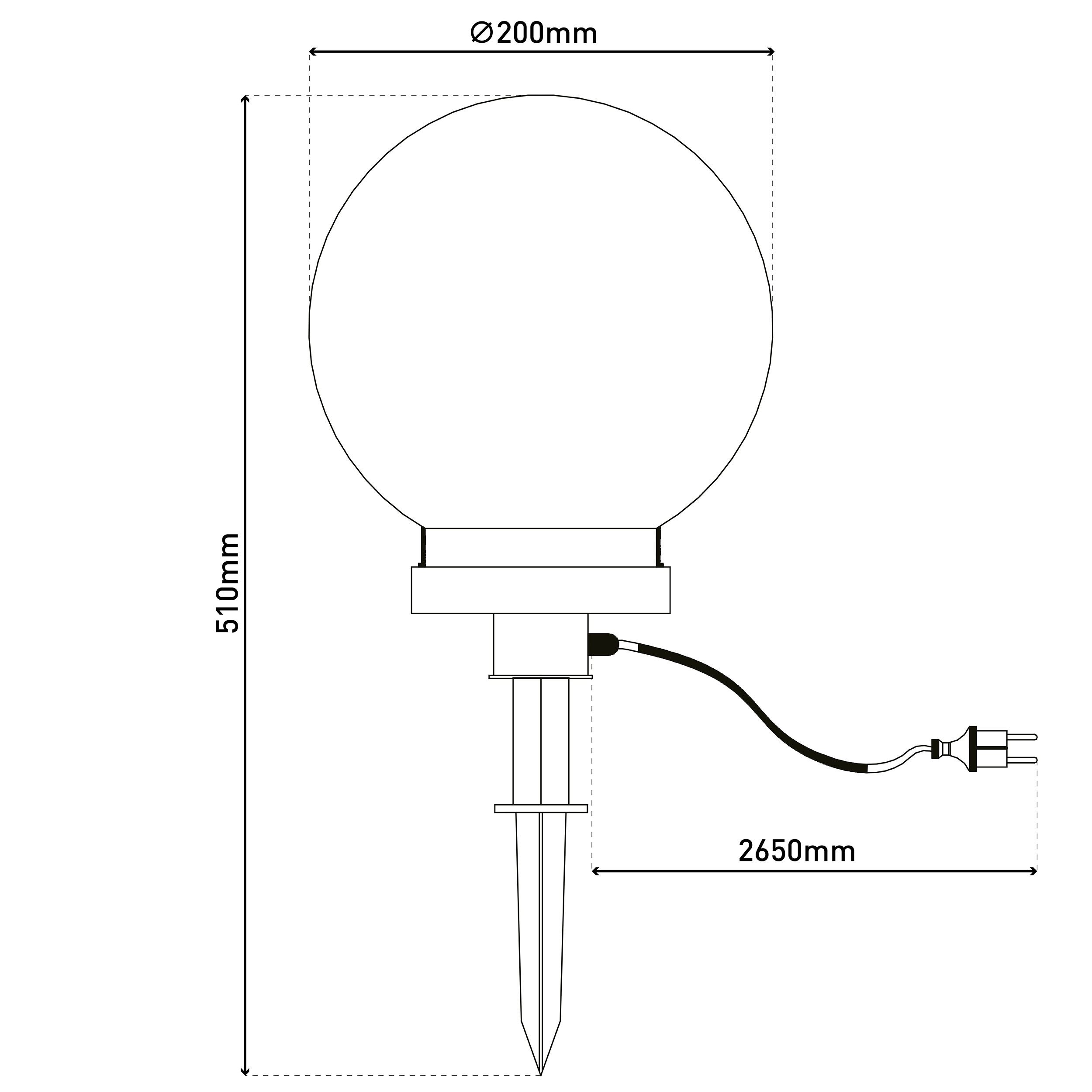 Technische Zeichnung einer Gartenleuchte mit den Maßen: 510 mm hoch und 200 mm Durchmesser.