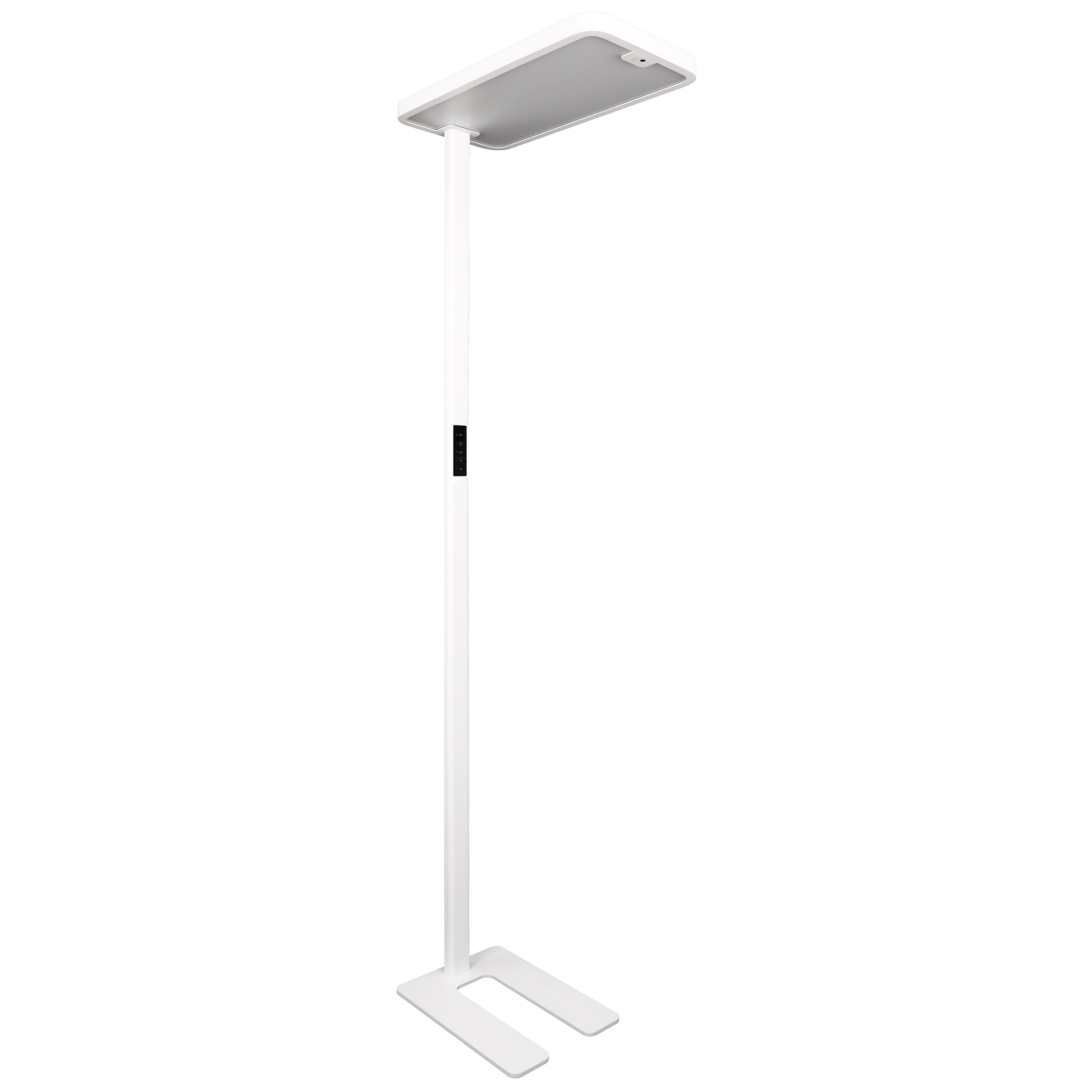 Weiße stehende LED-Lampe mit rechteckigem Lichtpanel.