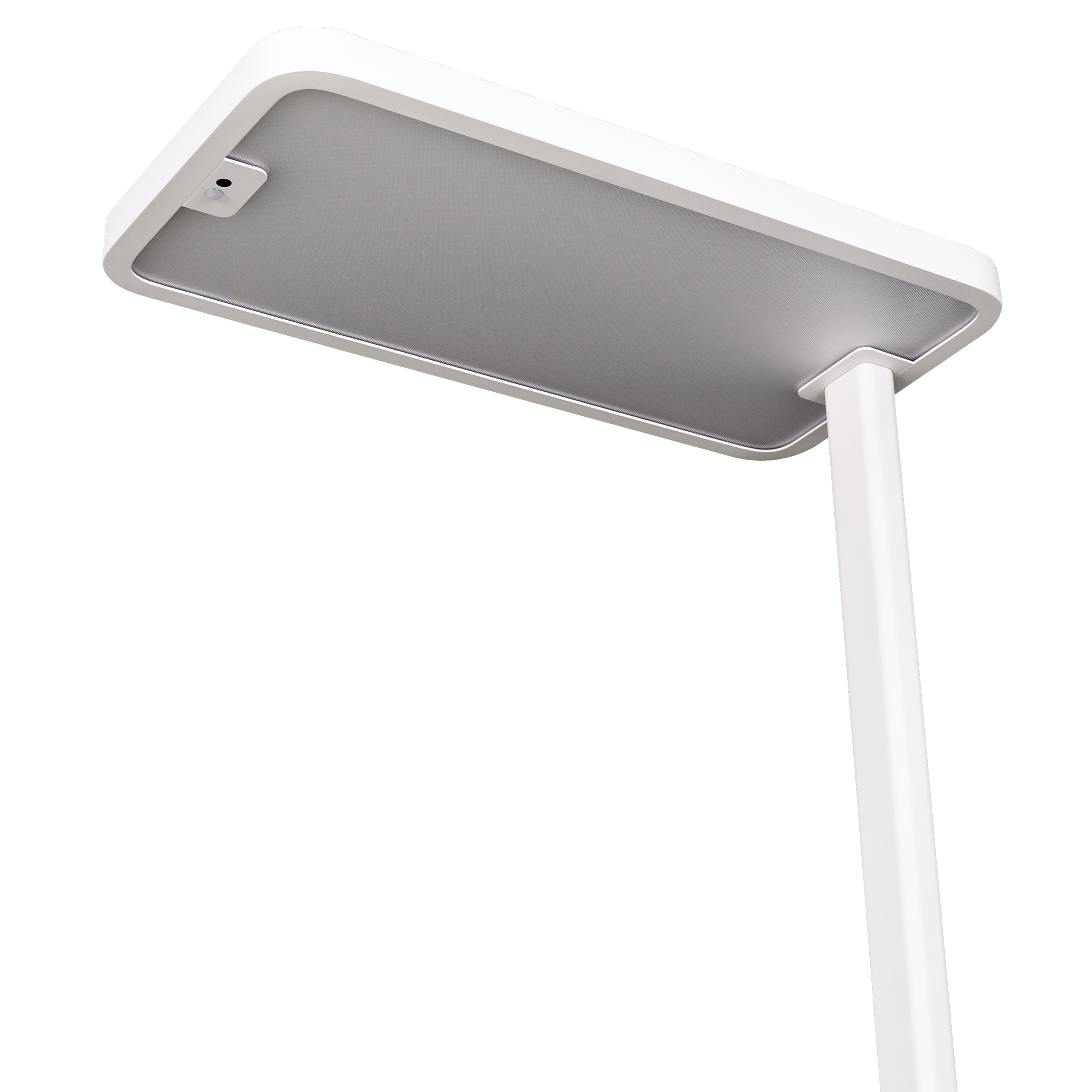Eine weiße Lampe mit rechteckigem Kopf und weißem Pfosten. Das Licht ist an.