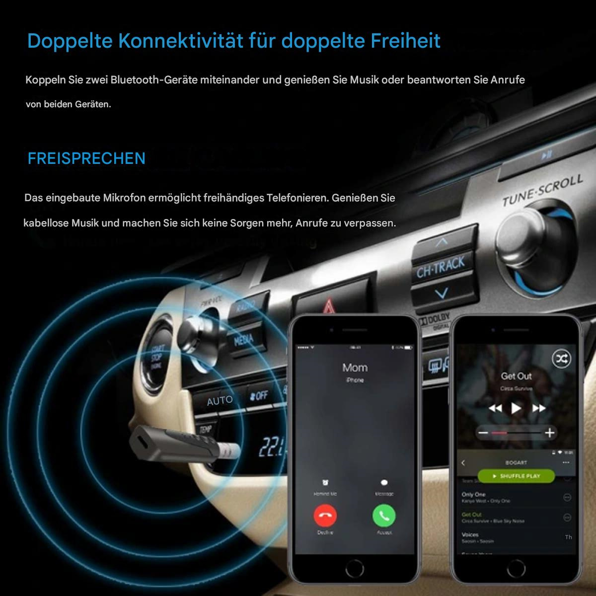 Zwei Smartphones in einem Auto, die Bluetooth-Konnektivität für Anrufe und Musik zeigen.