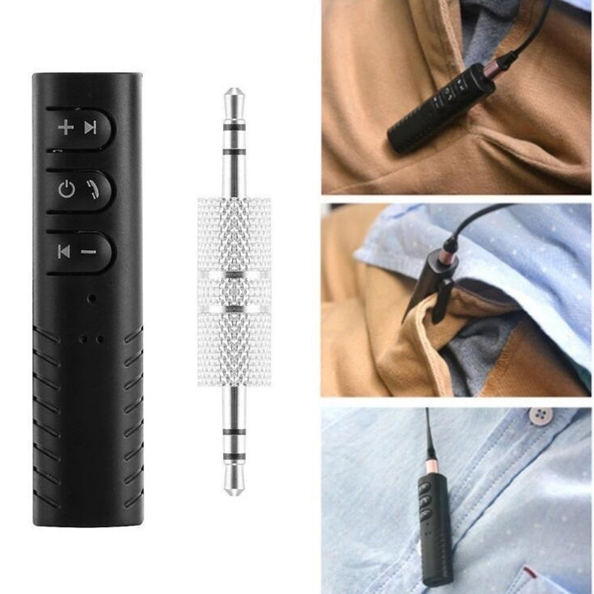 Kabelloser Audioempfänger mit Tasten und 3,5-mm-Audio-Klinkenadapter.