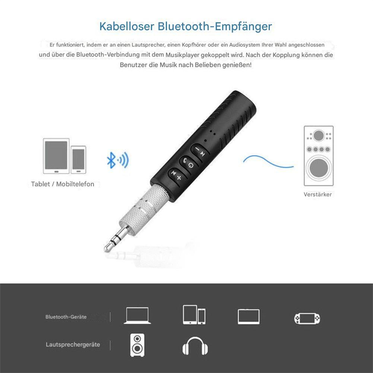 Kabelloser Bluetooth-Empfänger mit verschiedenen elektronischen Geräte-Icons.