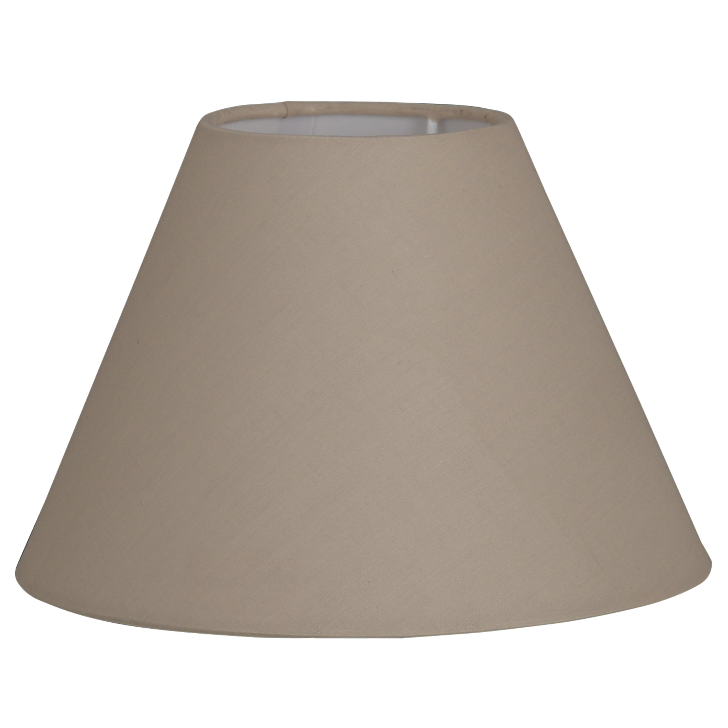Ein Lampenschirm, beige, konisch zulaufend, mit weißem Innenfutter.