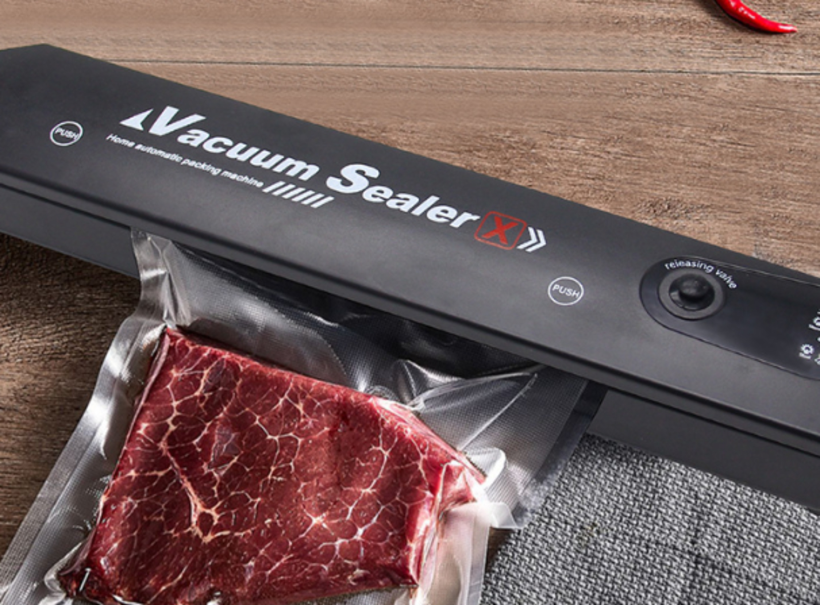 Ein Vakuumiergerät mit einem Steak in einem transparenten Beutel, auf Holzoberfläche.