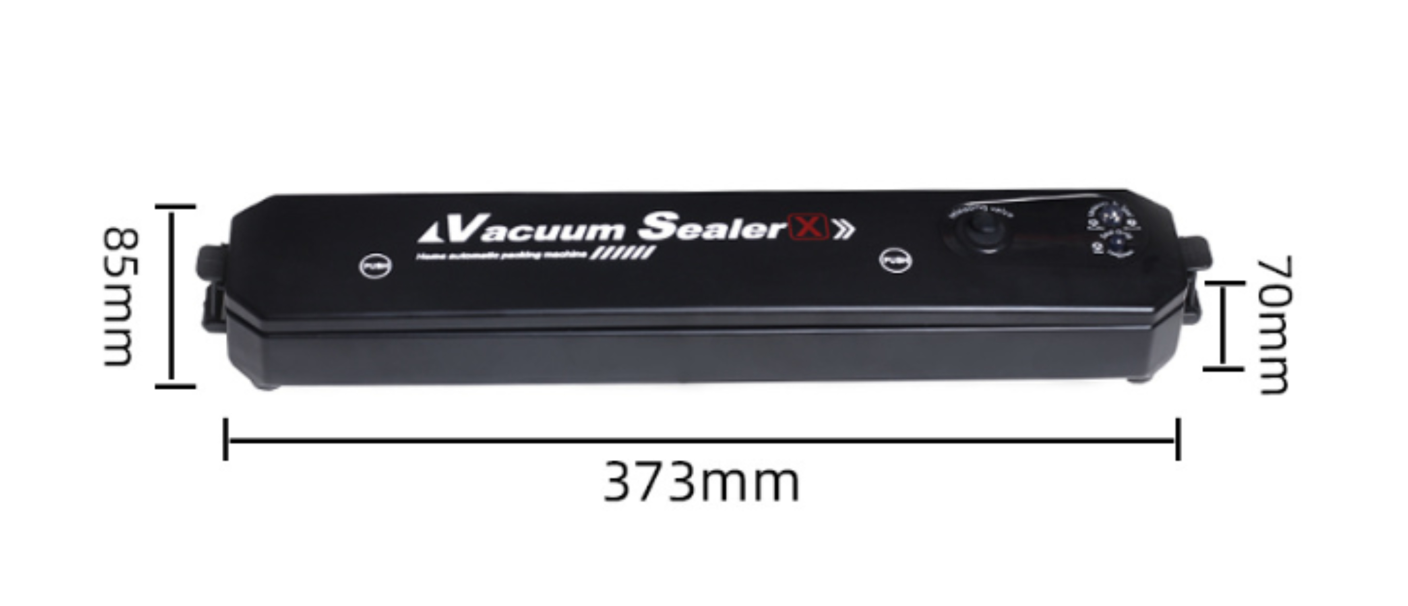 Schwarzes Vakuumiergerät. Text: Vacuum Sealer XX. Abmessungen: 373 mm Länge, 85 mm Höhe.