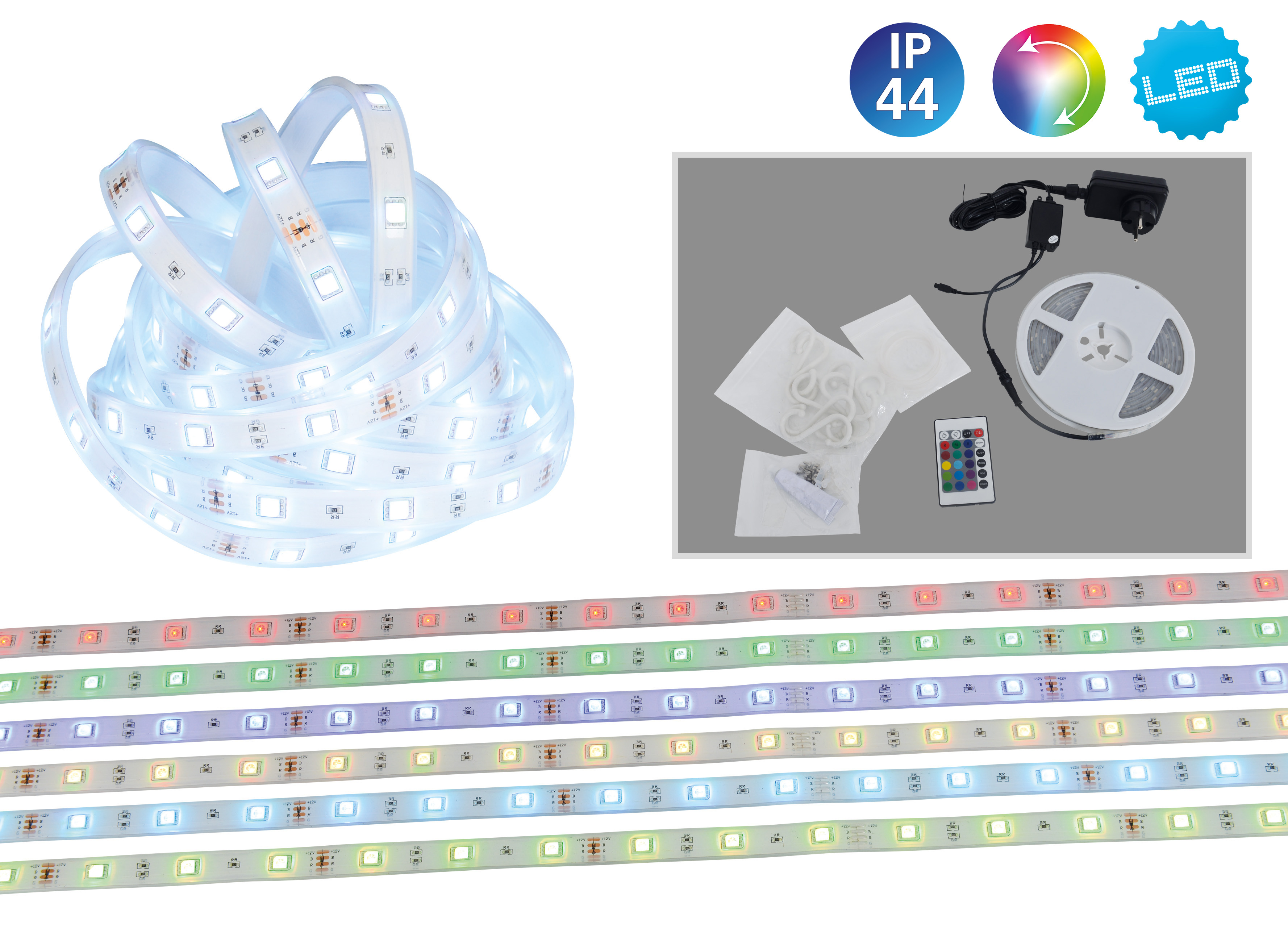 LED-Streifen, eine Rolle und Zubehör auf weißem Hintergrund, mit Farboptionen.
