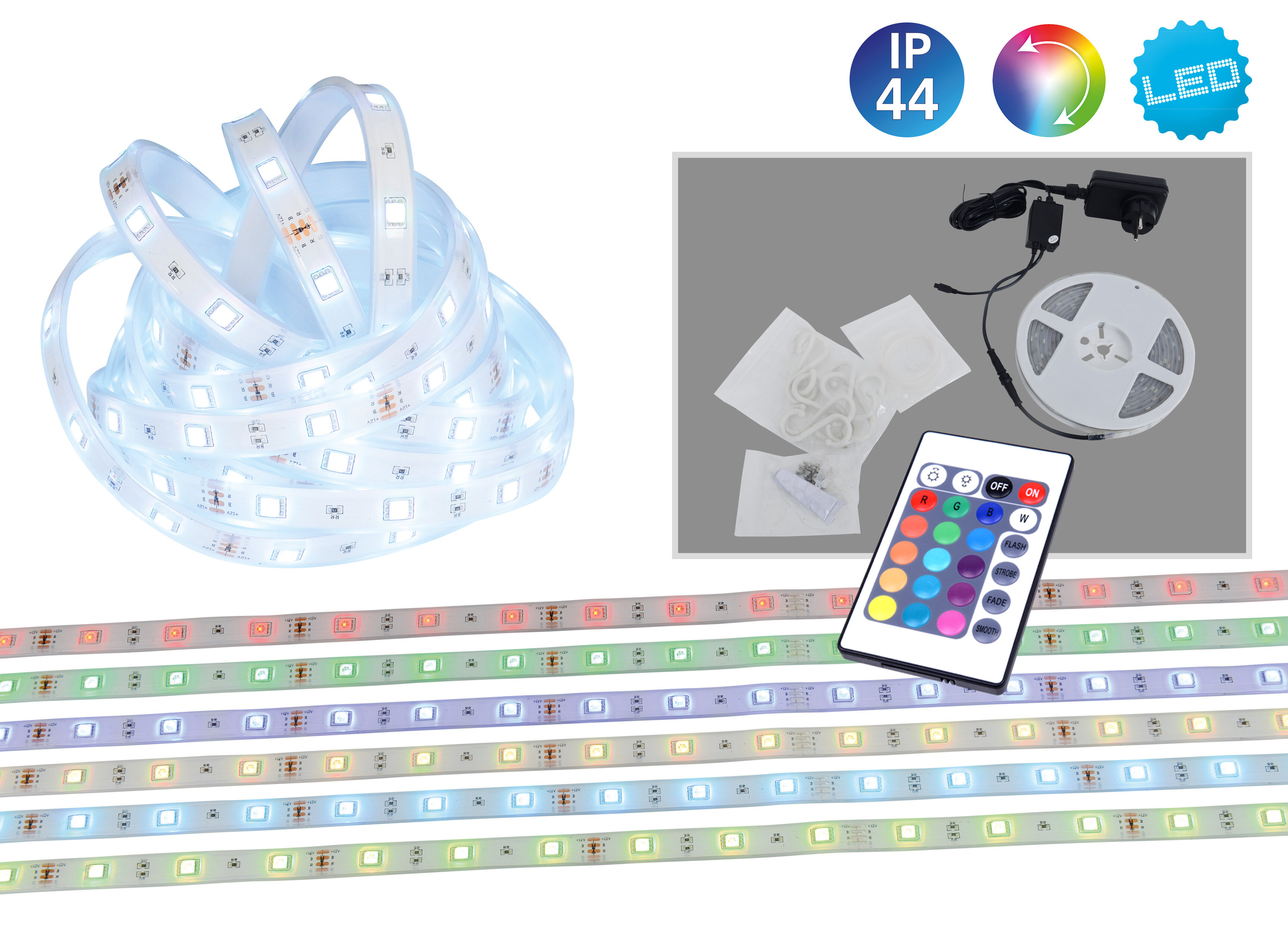 LED-Streifenlichter mit Fernbedienung, Netzteil und Zubehör. Verschiedene Lichtfarben werden gezeigt.