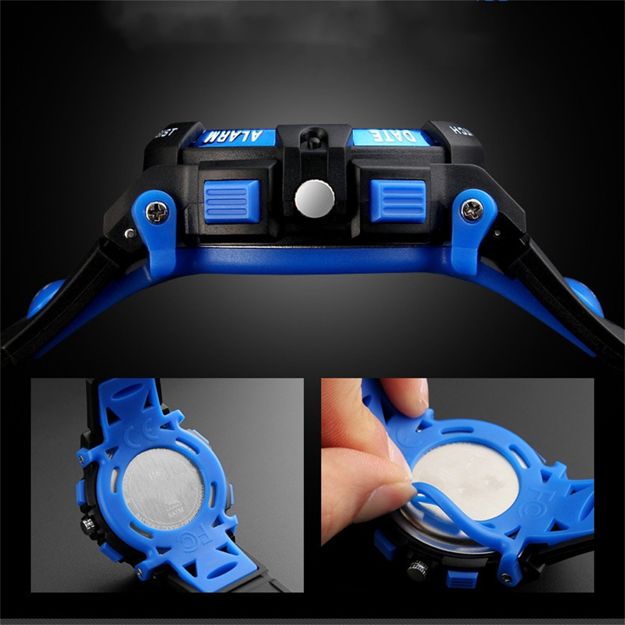 Schwarze und blaue Digitaluhr mit blauen Knöpfen.
