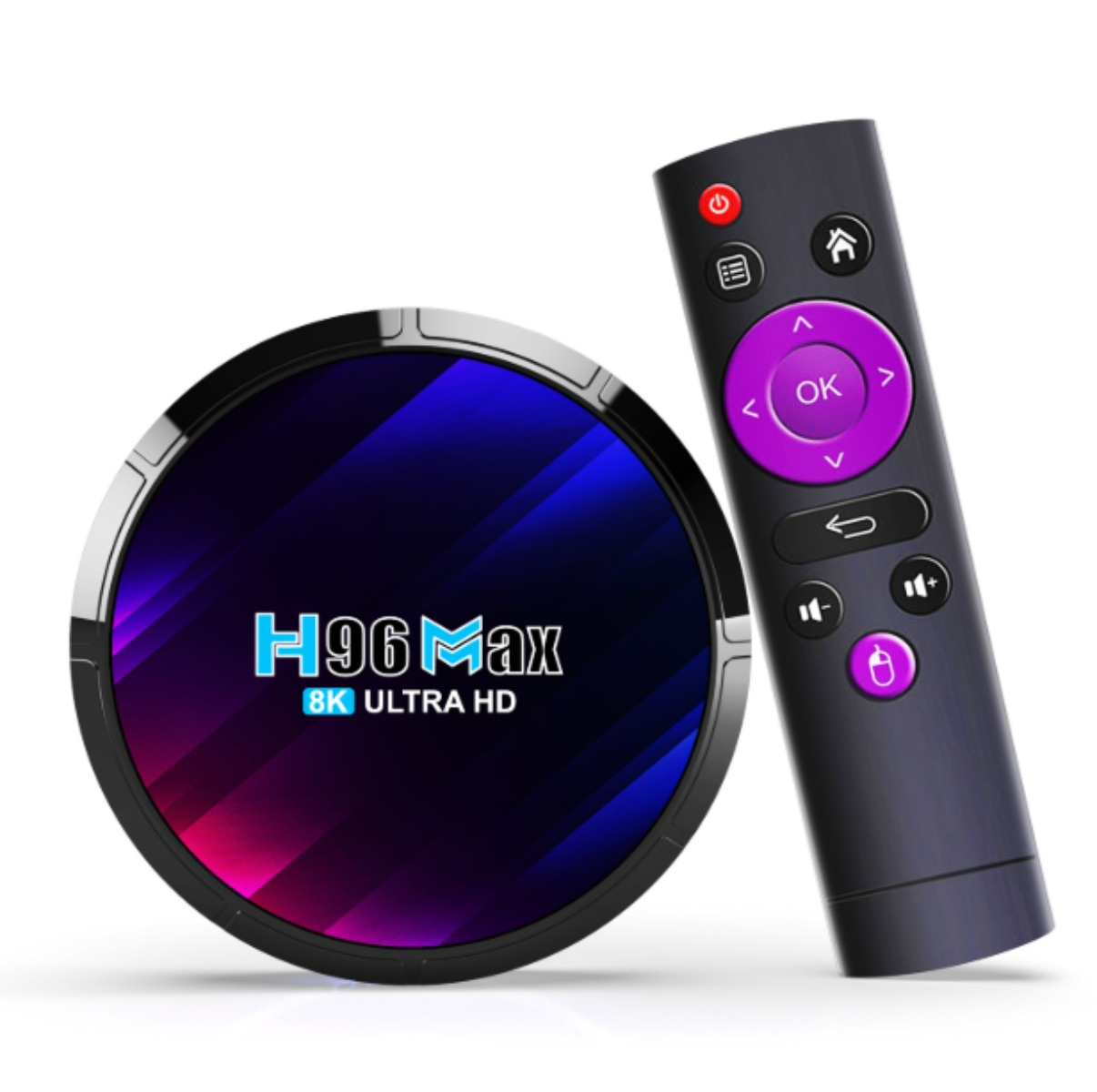 Schwarzer H96 Max Mediaplayer und Fernbedienung. Lila OK-Taste und Bedienelemente.