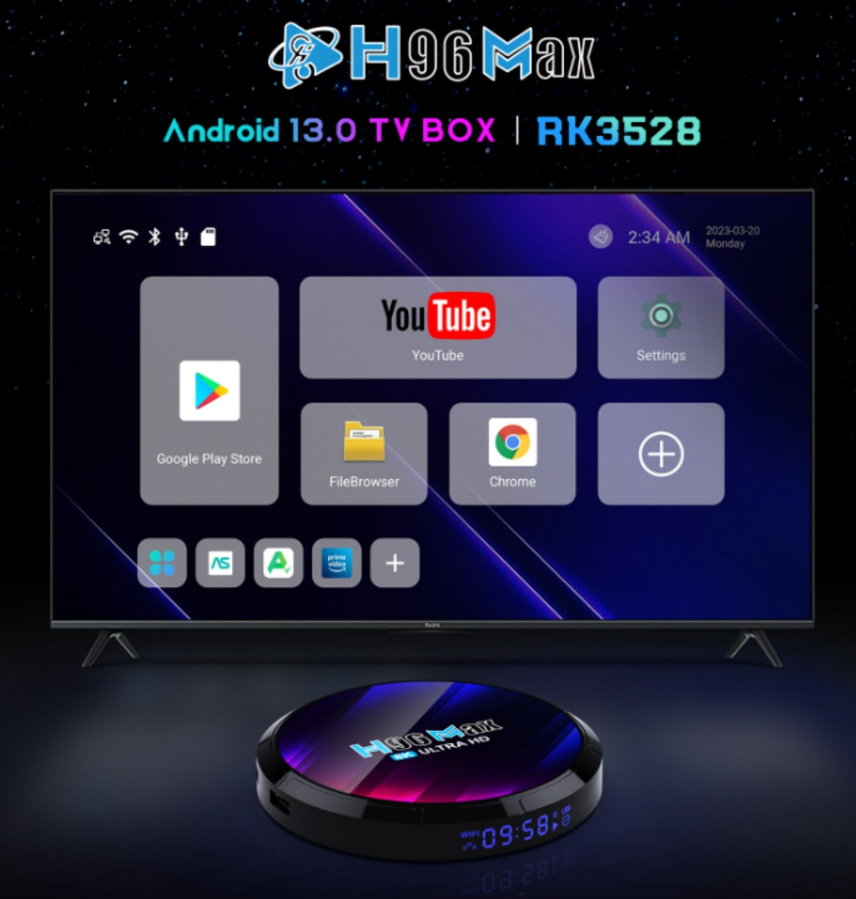 Android TV Box mit Bildschirm, der Apps und Icons anzeigt.