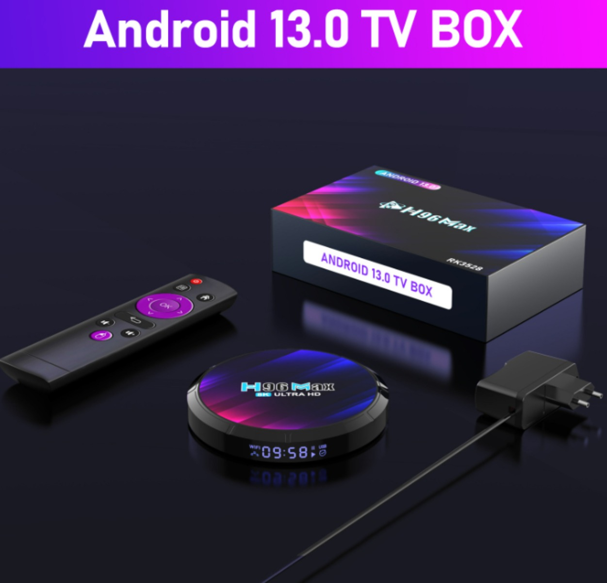Eine schwarze Android 13.0 TV-Box mit Fernbedienung, Netzteil und Android 13.0-Box.