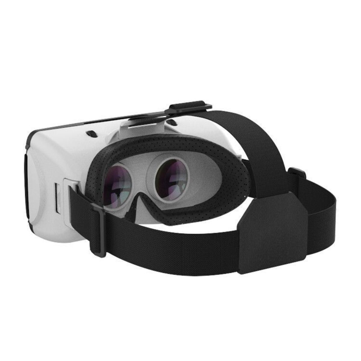 Ein weißes VR-Headset mit schwarzen Riemen und Linsen, von der Seite gesehen.