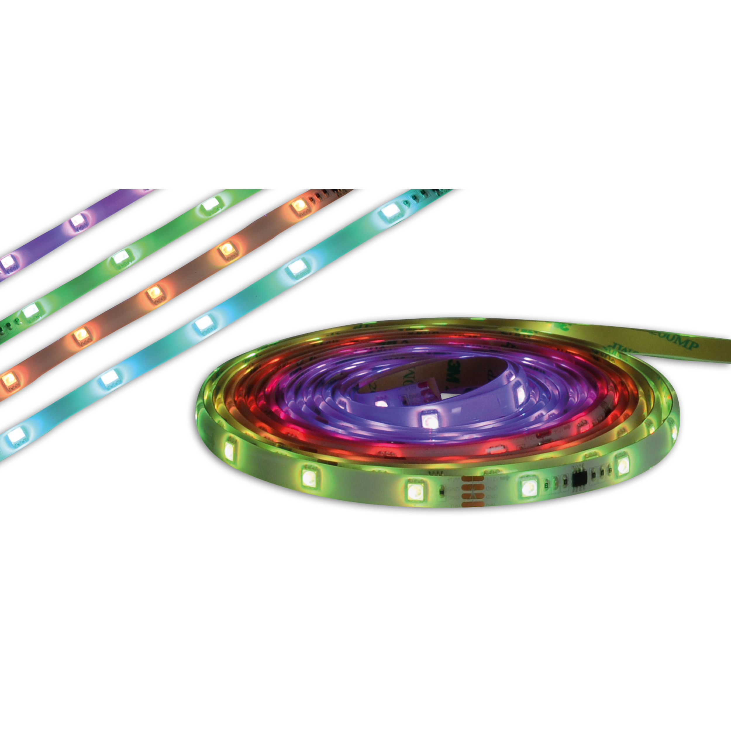 Eine Rolle bunter LED-Lichtstreifen mit 3M-Kleberückseite.