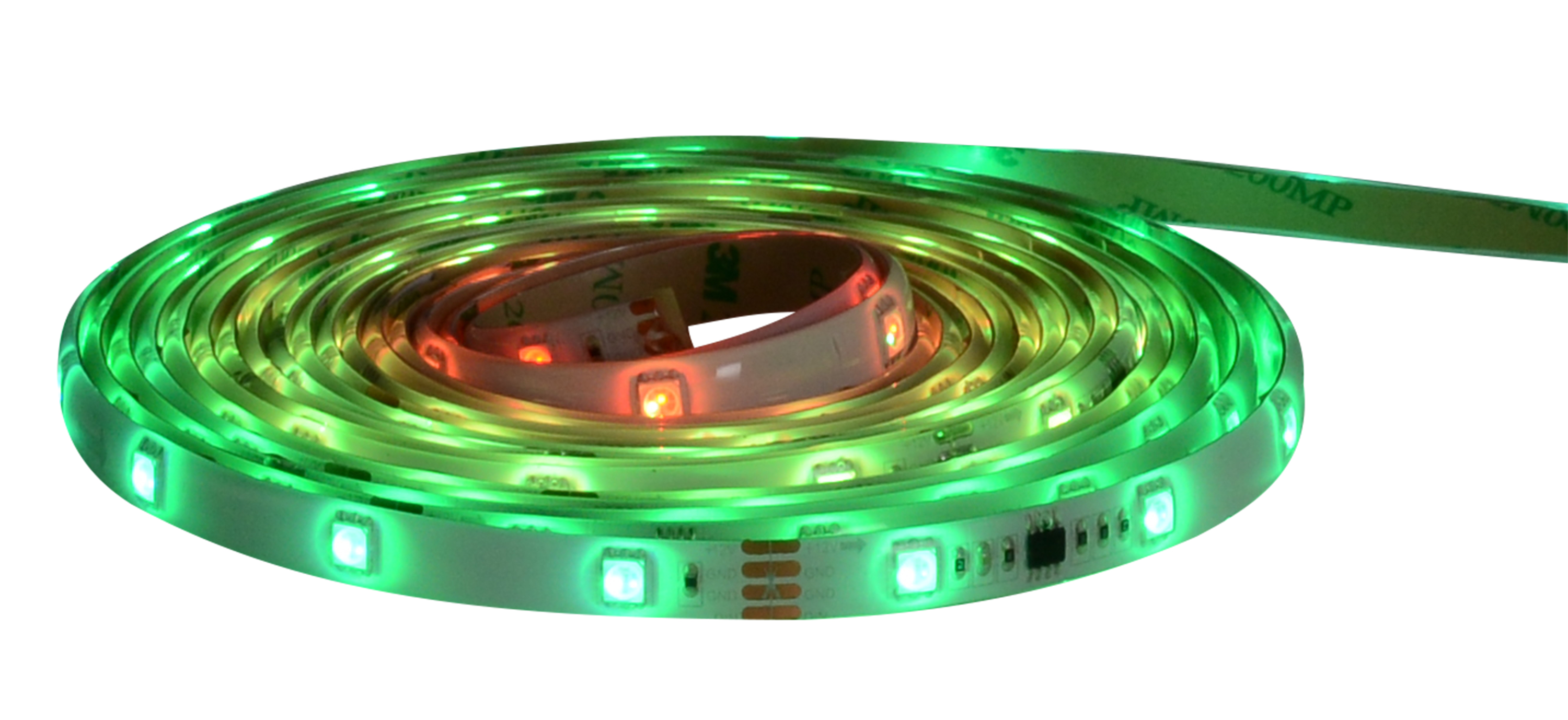 Gerollter LED-Streifen mit grünen und orangefarbenen Lichtern, 3M-Klebeband sichtbar.