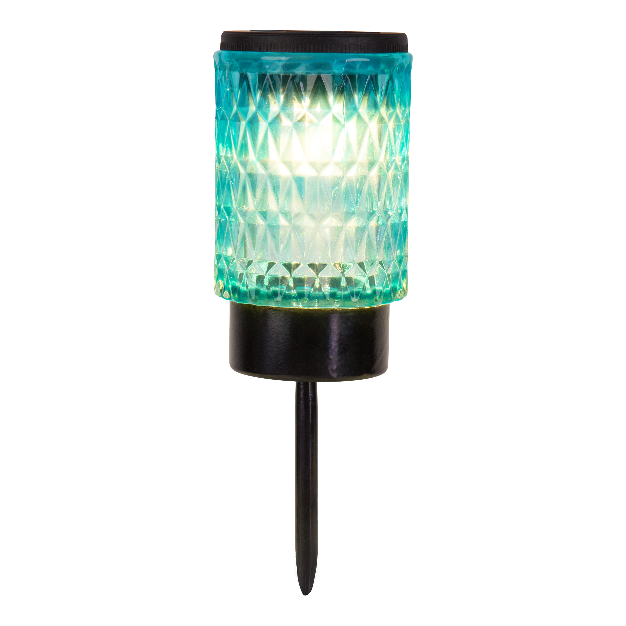 Türkisfarbene Außenlampe mit schwarzem Pfahl, auf weißem Hintergrund.