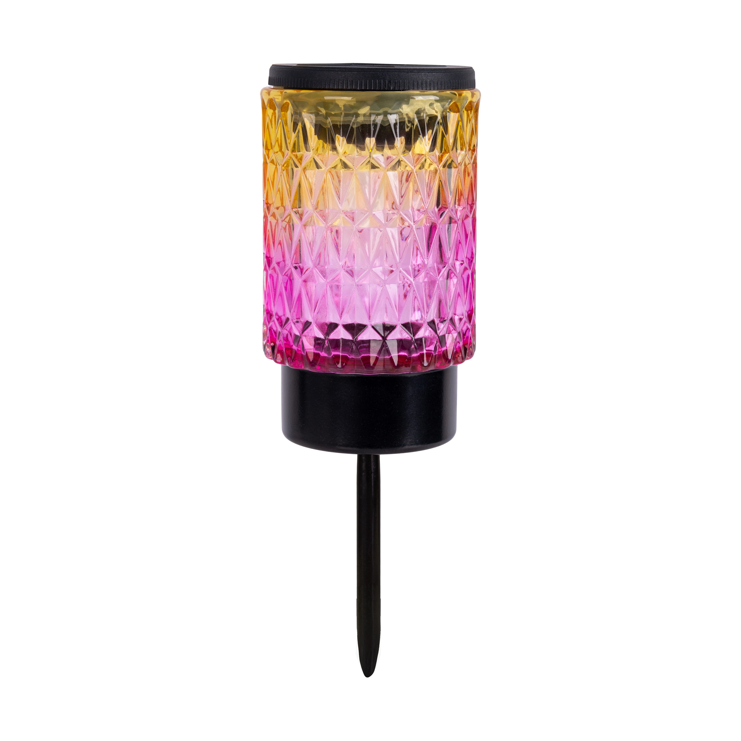 Ein farbenfrohes Gartenlicht. Das Licht ist ein Zylinder mit einem rosa, gelben und orangenen Farbverlauf.