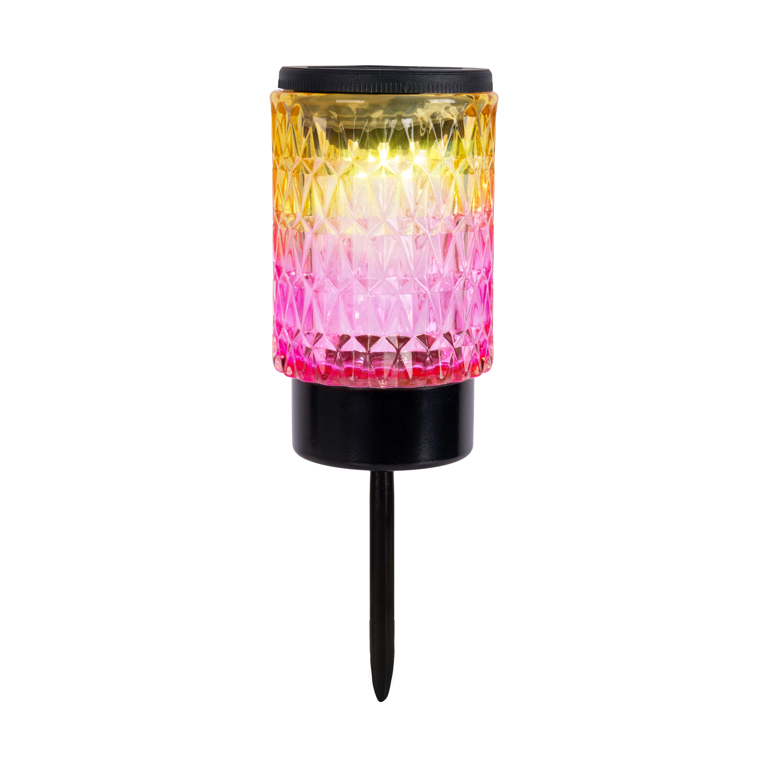 Ein farbenfrohes Gartenlicht mit schwarzem Sockel und Pfahl. Das Licht hat einen Farbverlauf von Pink zu Gelb.