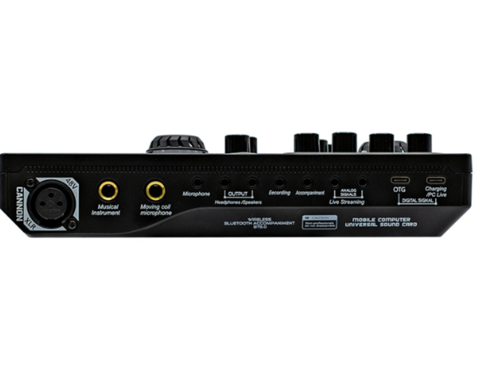 Schwarzes Audio-Interface-Gerät mit mehreren Eingangs- und Ausgangsanschlüssen auf der Rückseite, isoliert.