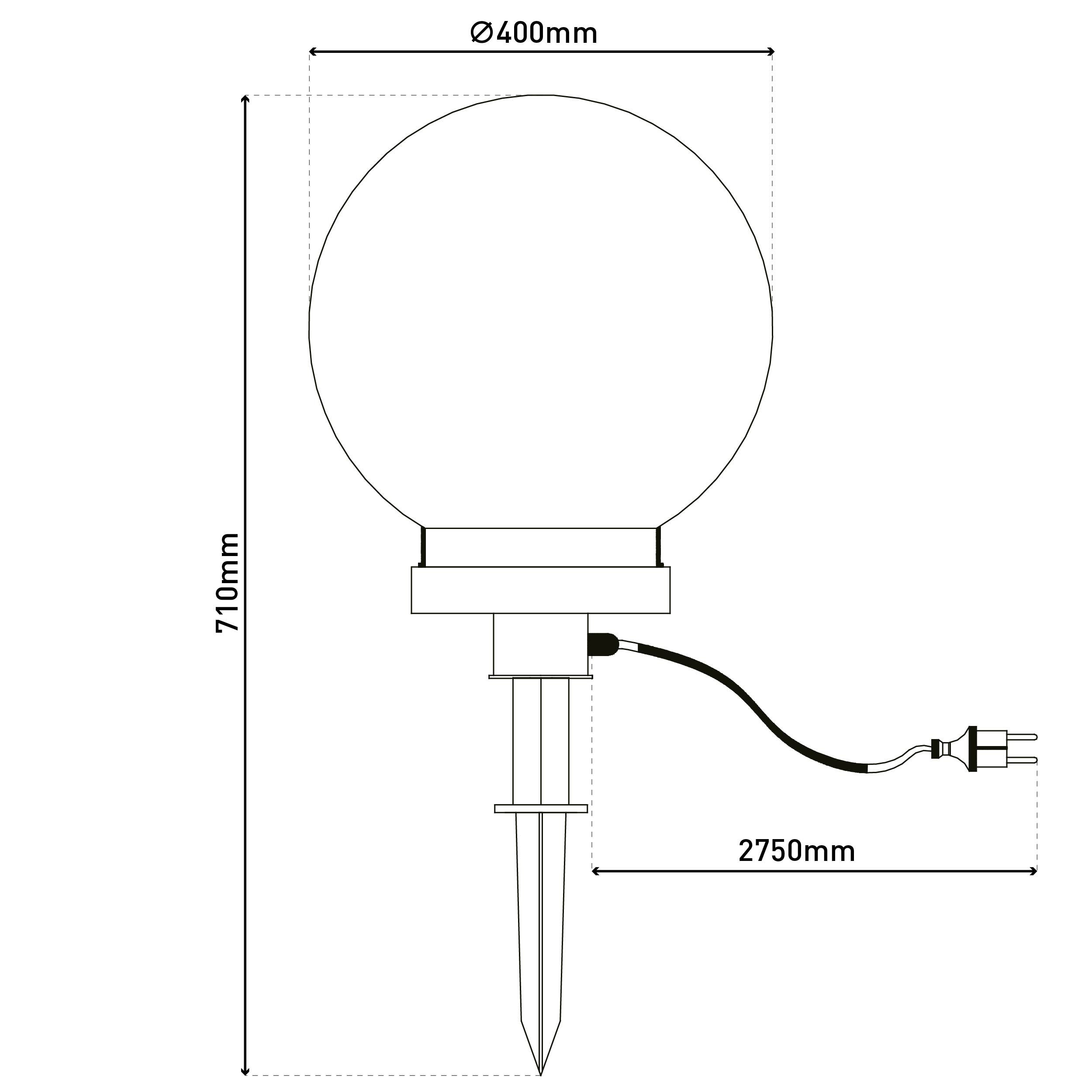 Ein Diagramm einer runden Außenlampe mit Abmessungen. Es hat einen Pfahl, eine Kugel und ein Stromkabel.